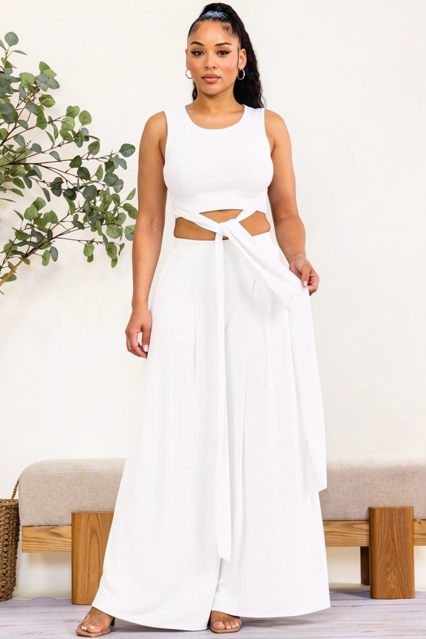 HH688R-S - Wrap Tie Crop Top & Wide Leg Pants Set