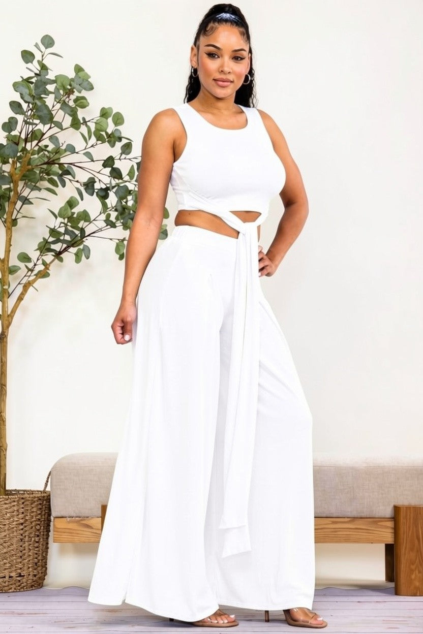HH688X-S - Plus Size Wrap Tie Crop Top & Wide Leg Pants Set