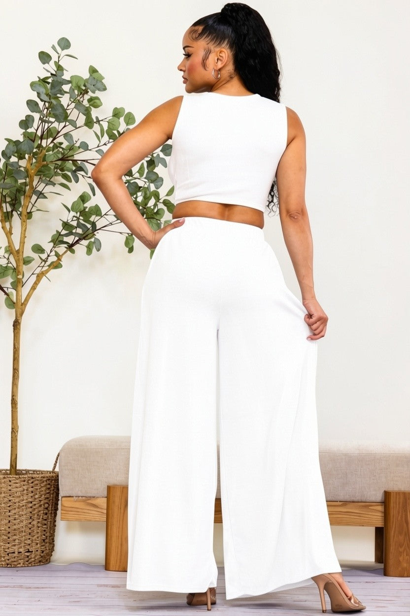 HH688R-S - Wrap Tie Crop Top & Wide Leg Pants Set