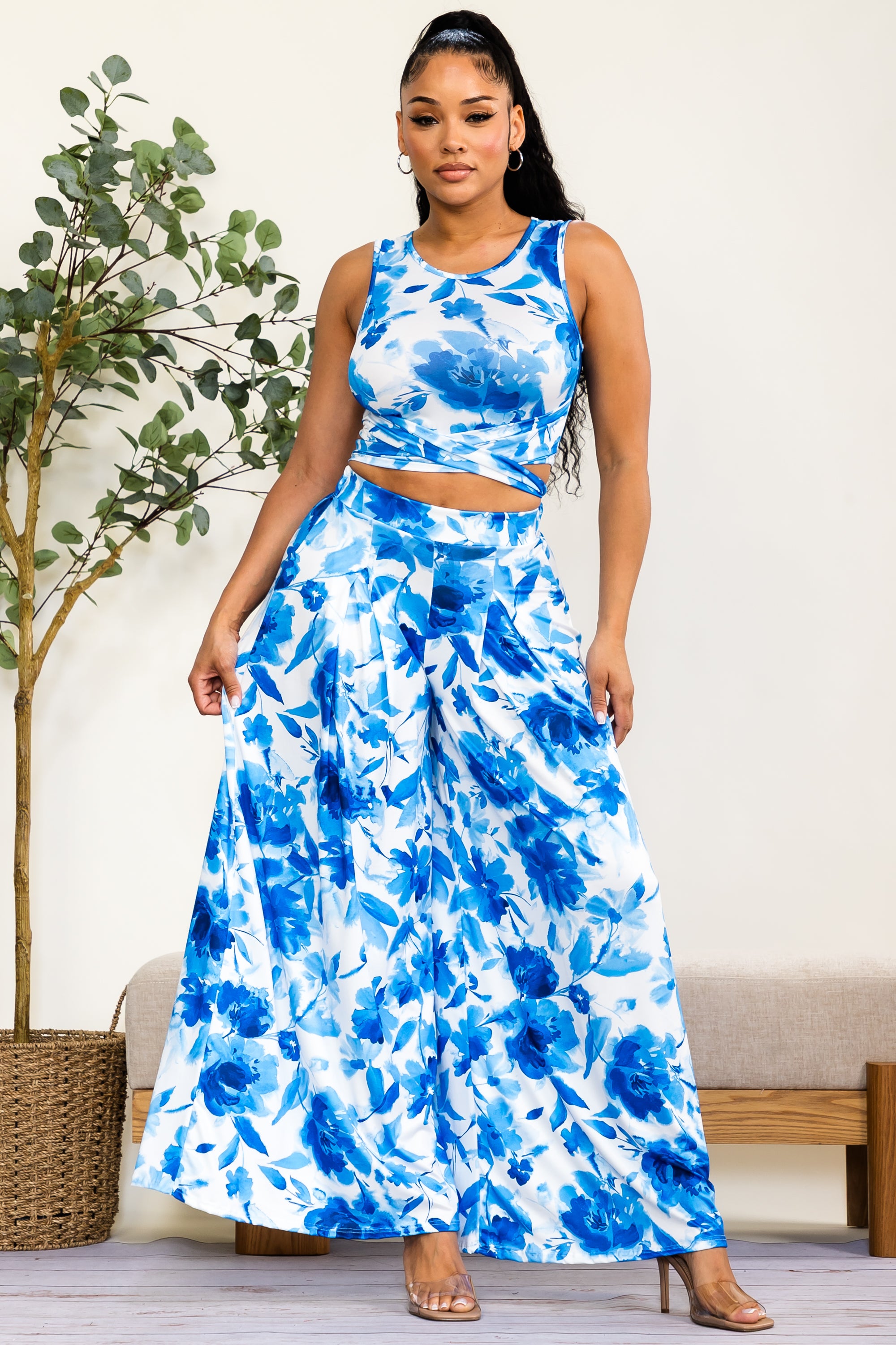 HH688X-FLP - Plus Size Floral Print Wide Leg Pants Set