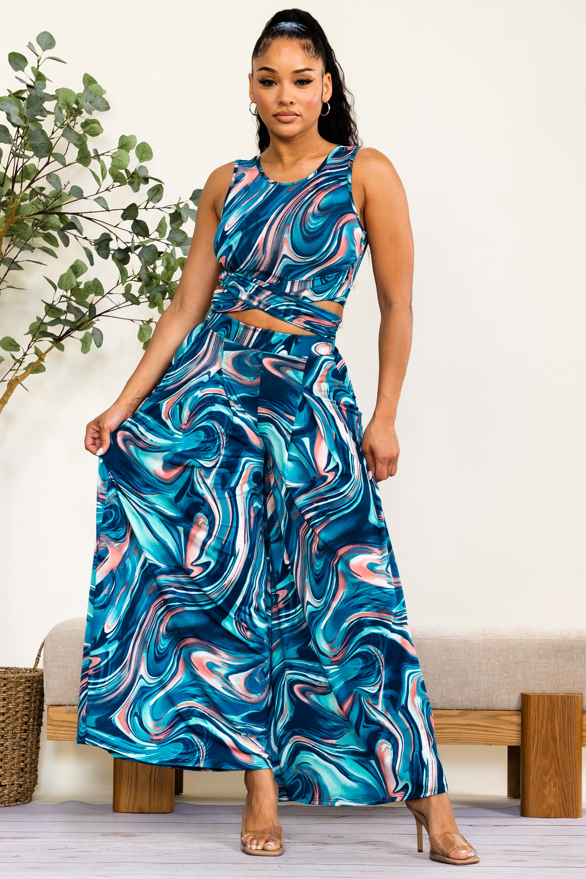 HH688R-SRL - Swirl Print Wide Leg Pants Set