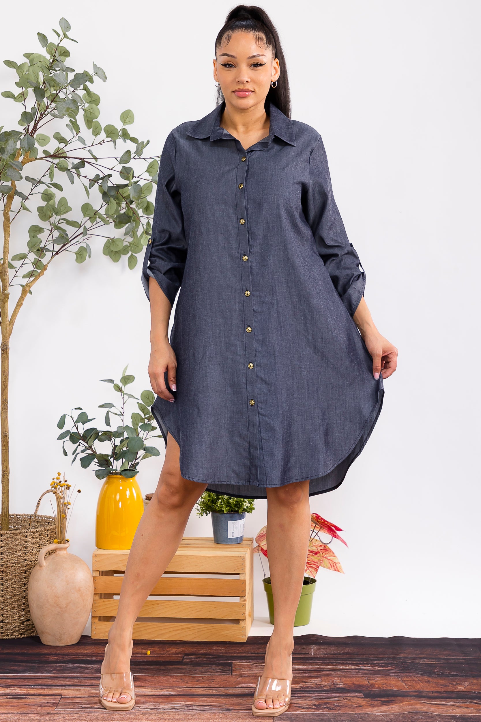 HH754R-P Women's Button-Down Shirt Dress - Print