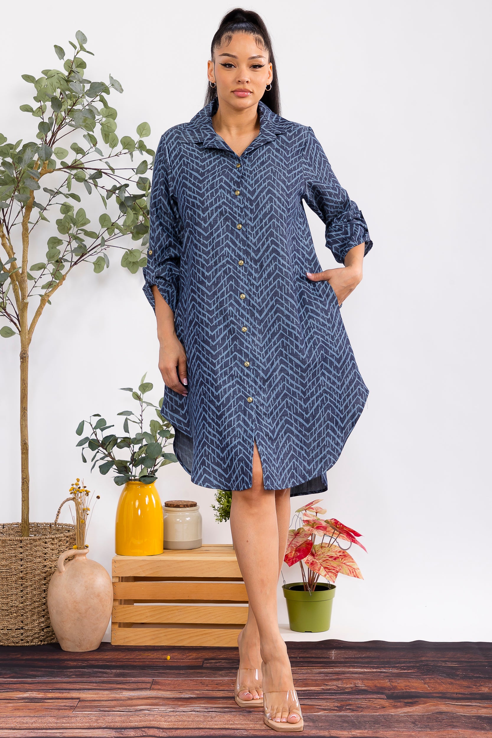 HH754R-P Women's Button-Down Shirt Dress - Print