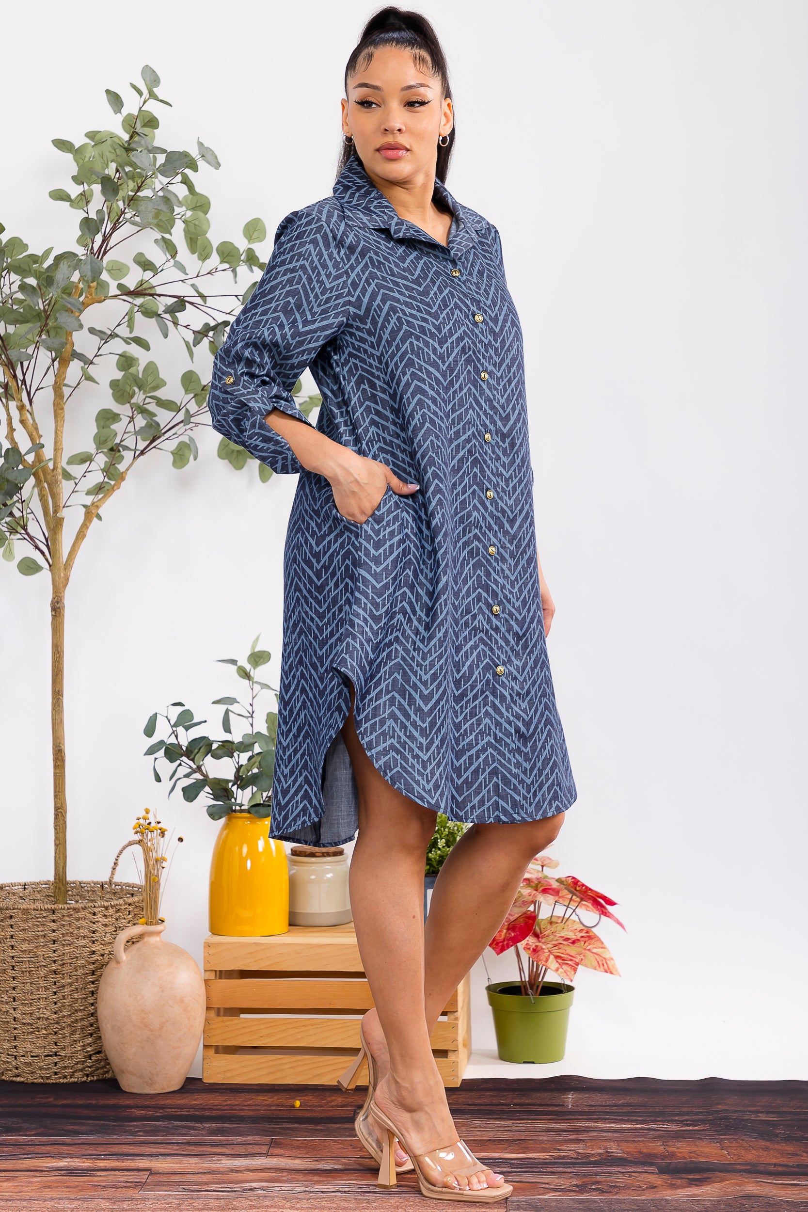 HH754R-P Women's Button-Down Shirt Dress - Print