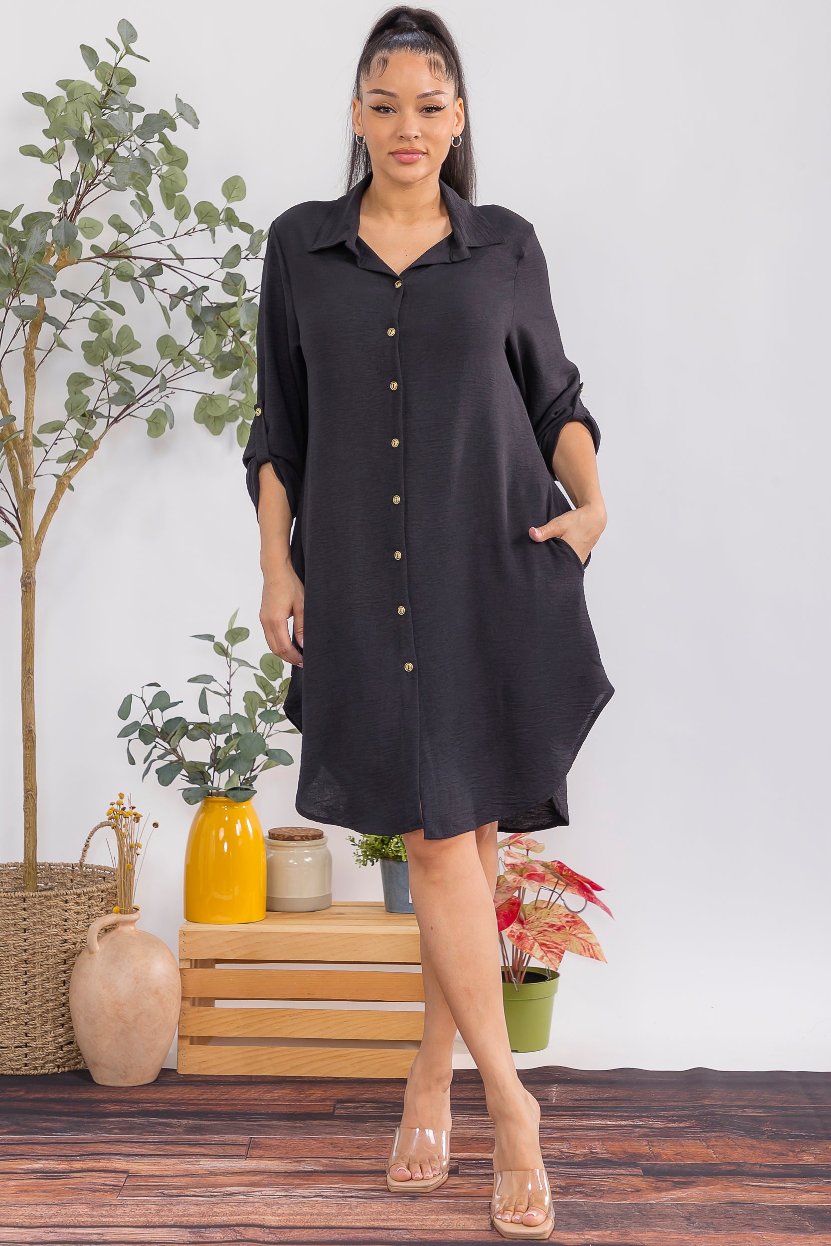 HH754R-S1 Relaxed Button Down Shirt Dress