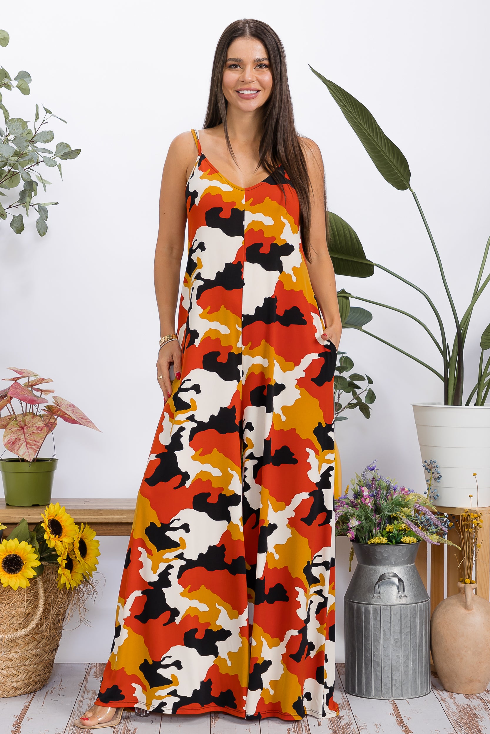 HH697X-P5 Plus Size Wide-Leg Spaghetti Strap Jumpsuit