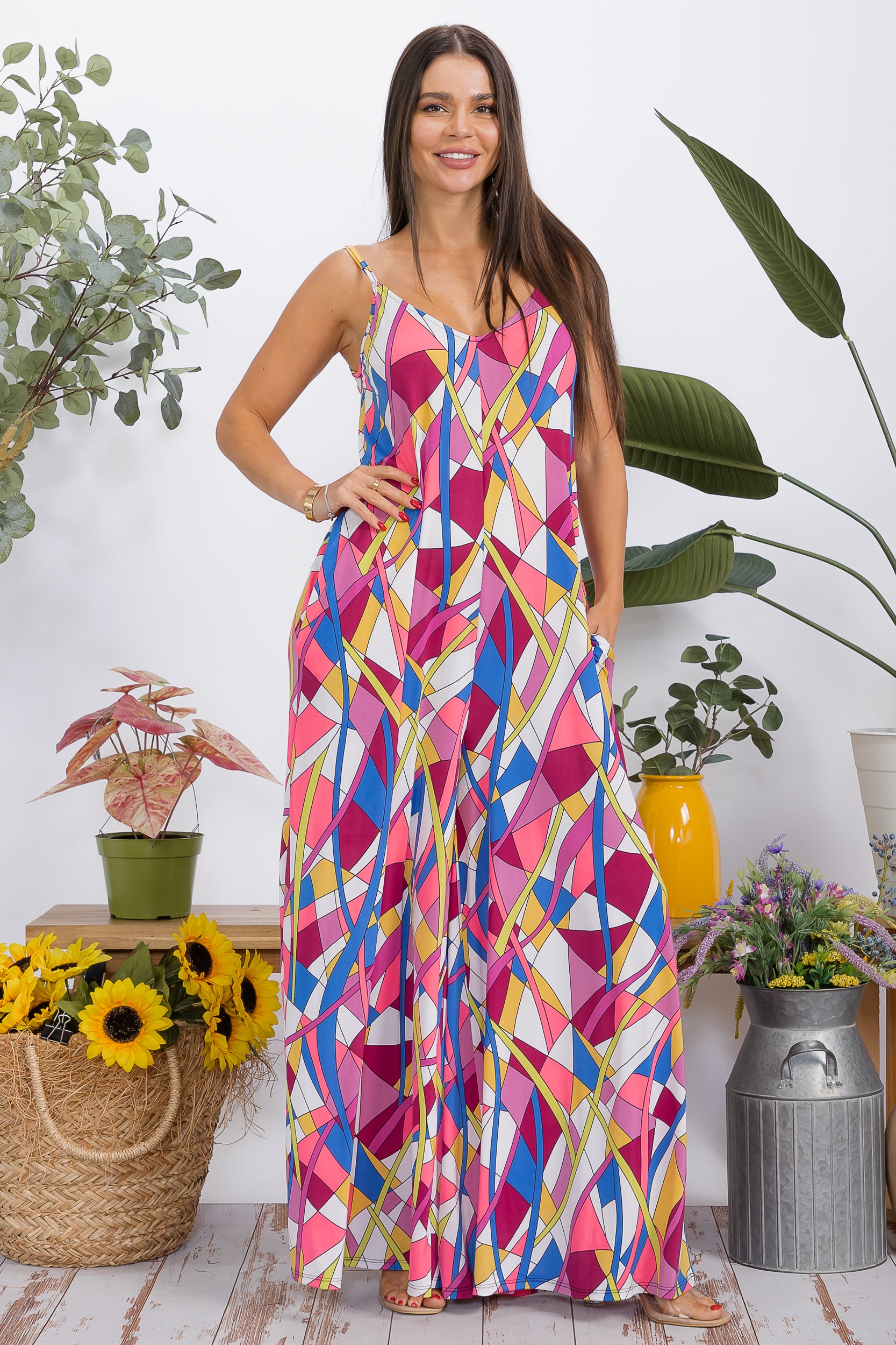 HH697X-P2 Plus Size Wide-Leg Spaghetti Strap Jumpsuit