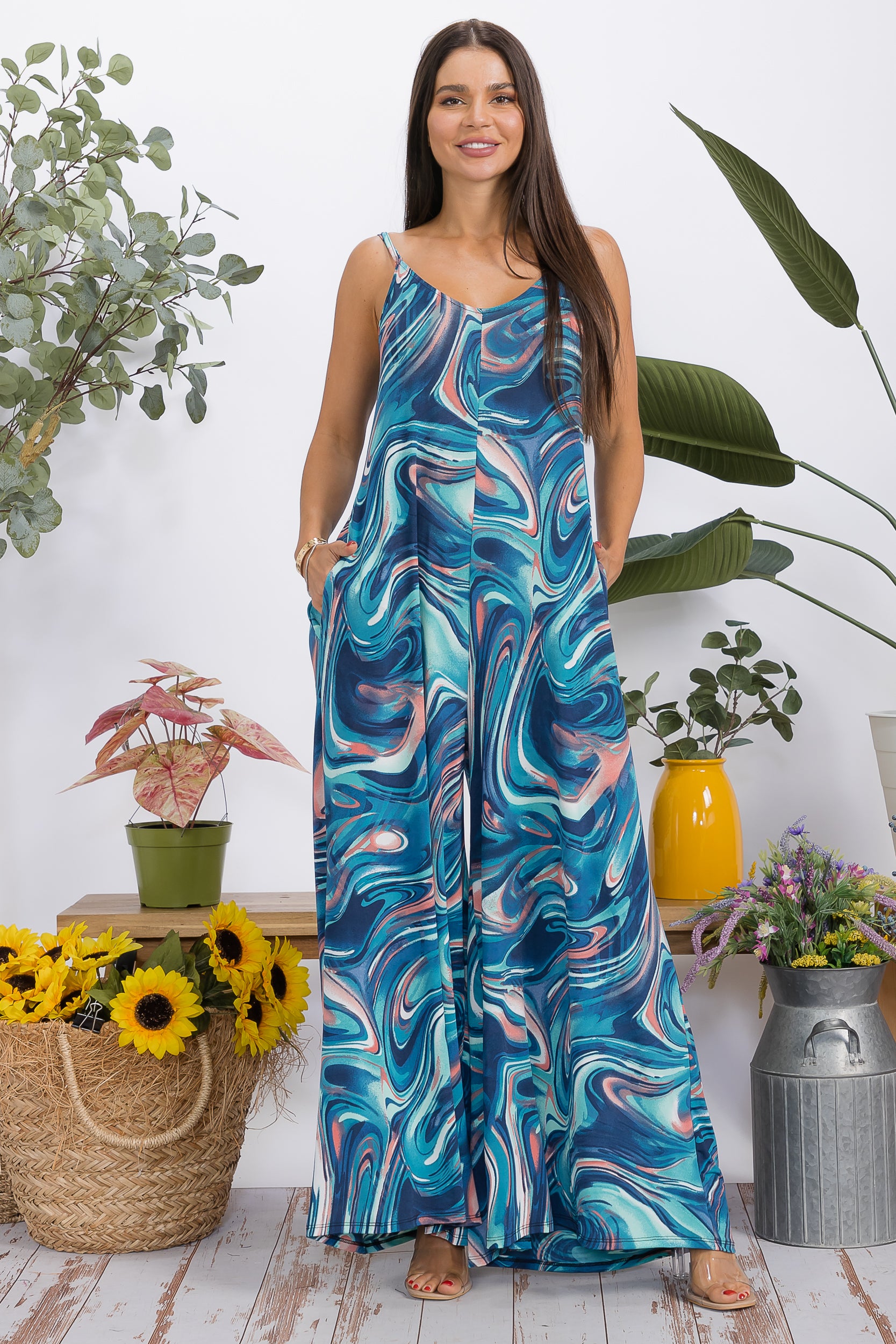 HH697X-P3 Plus Size Wide-Leg Spaghetti Strap Jumpsuit