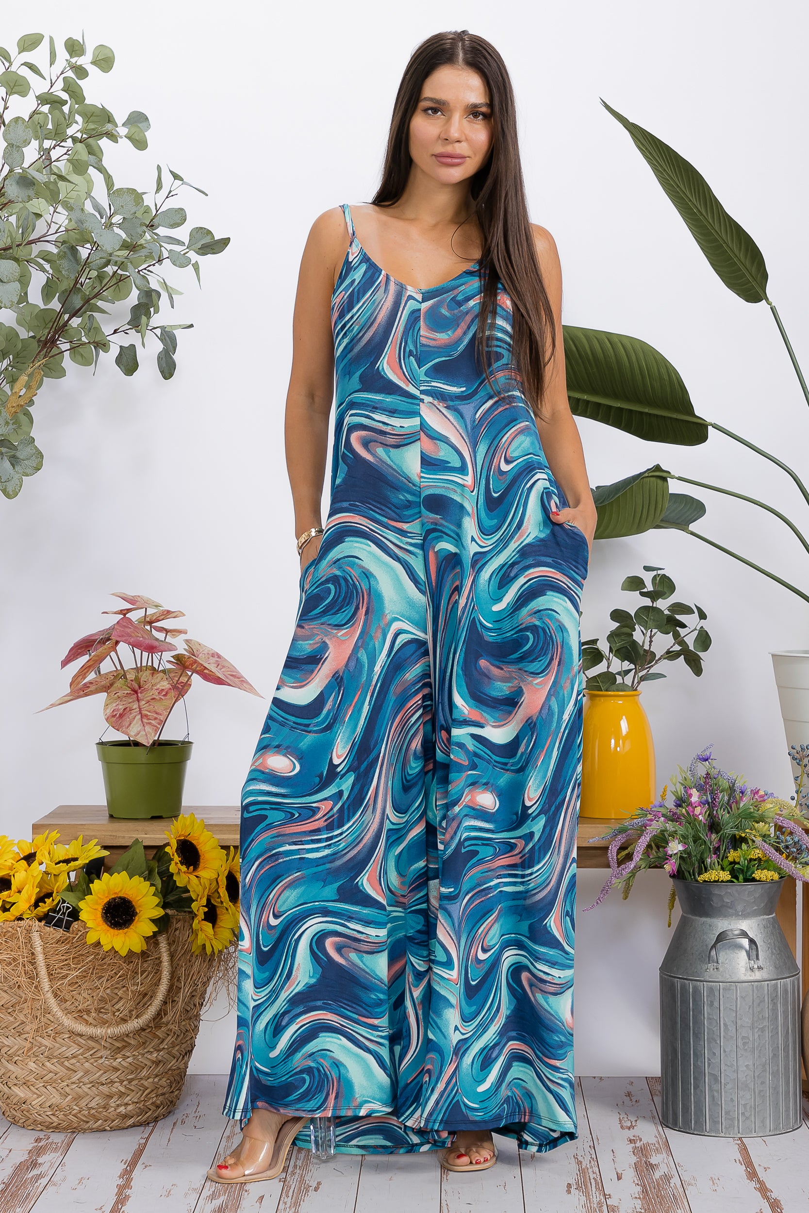HH697X-P3 Plus Size Wide-Leg Spaghetti Strap Jumpsuit