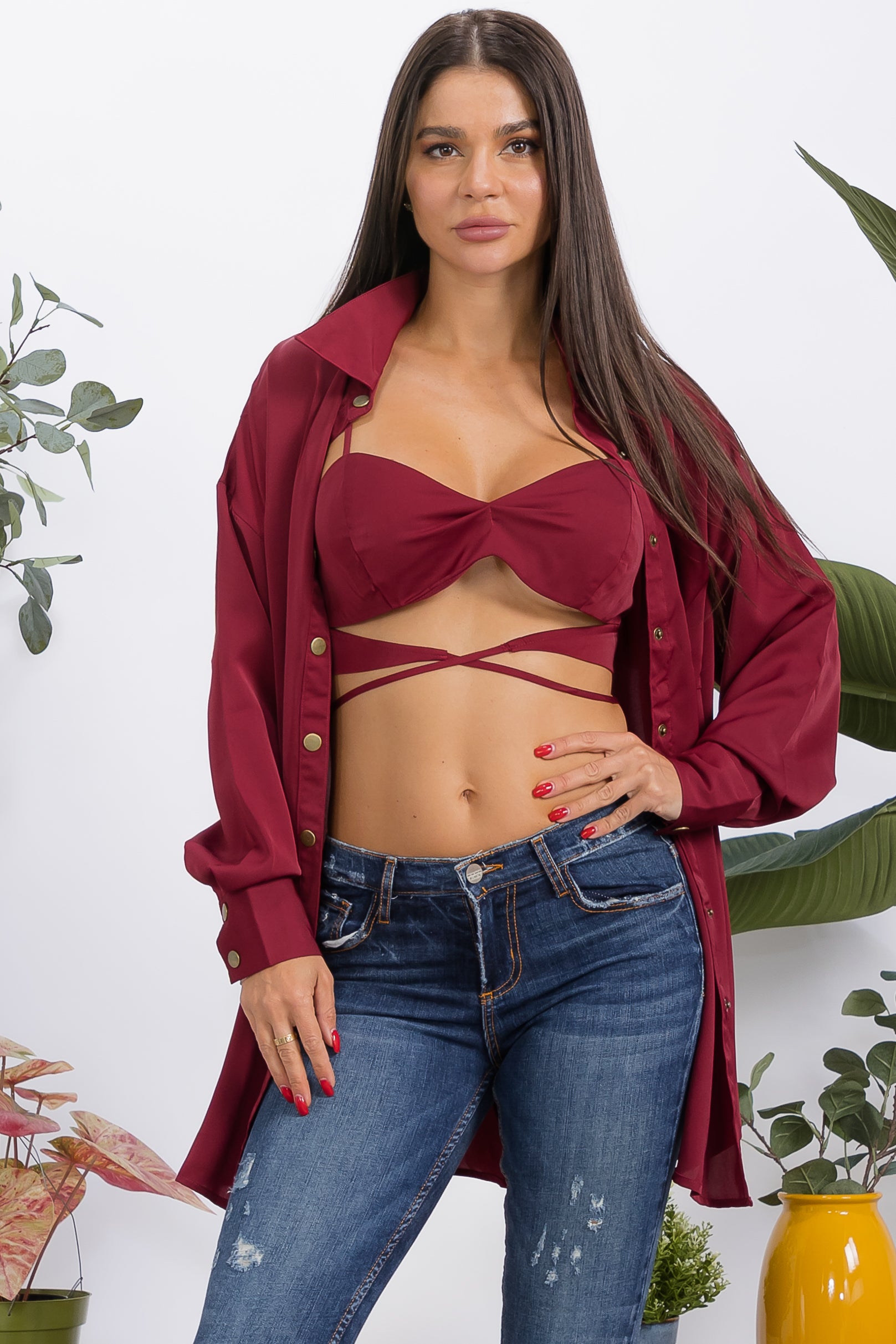 T1769 2-Piece Button-Down Shirt & Wrap Bralette Set
