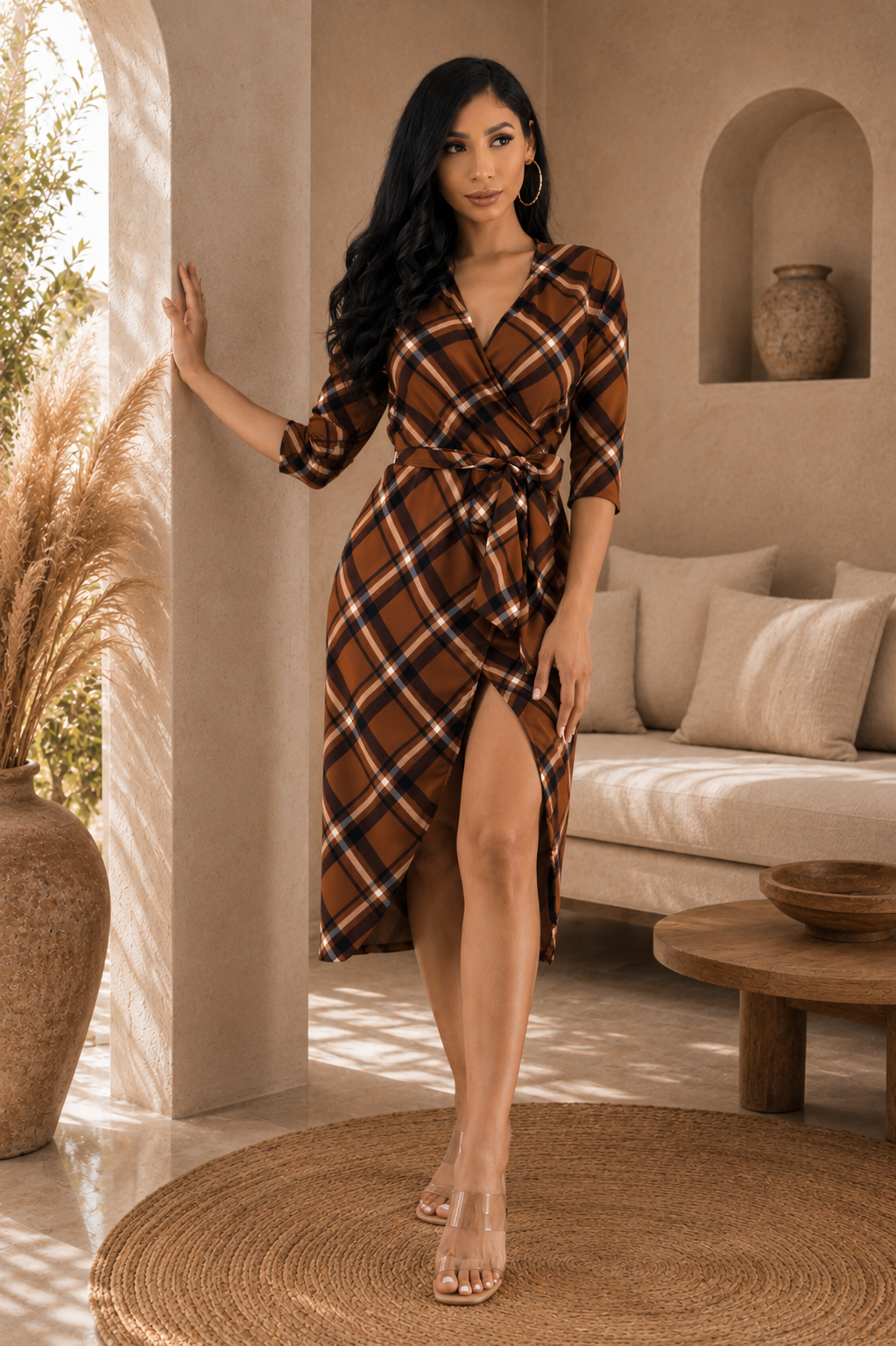 HH535X-PLAID-2 - Plus Size Classic Plaid Wrap Midi Dress