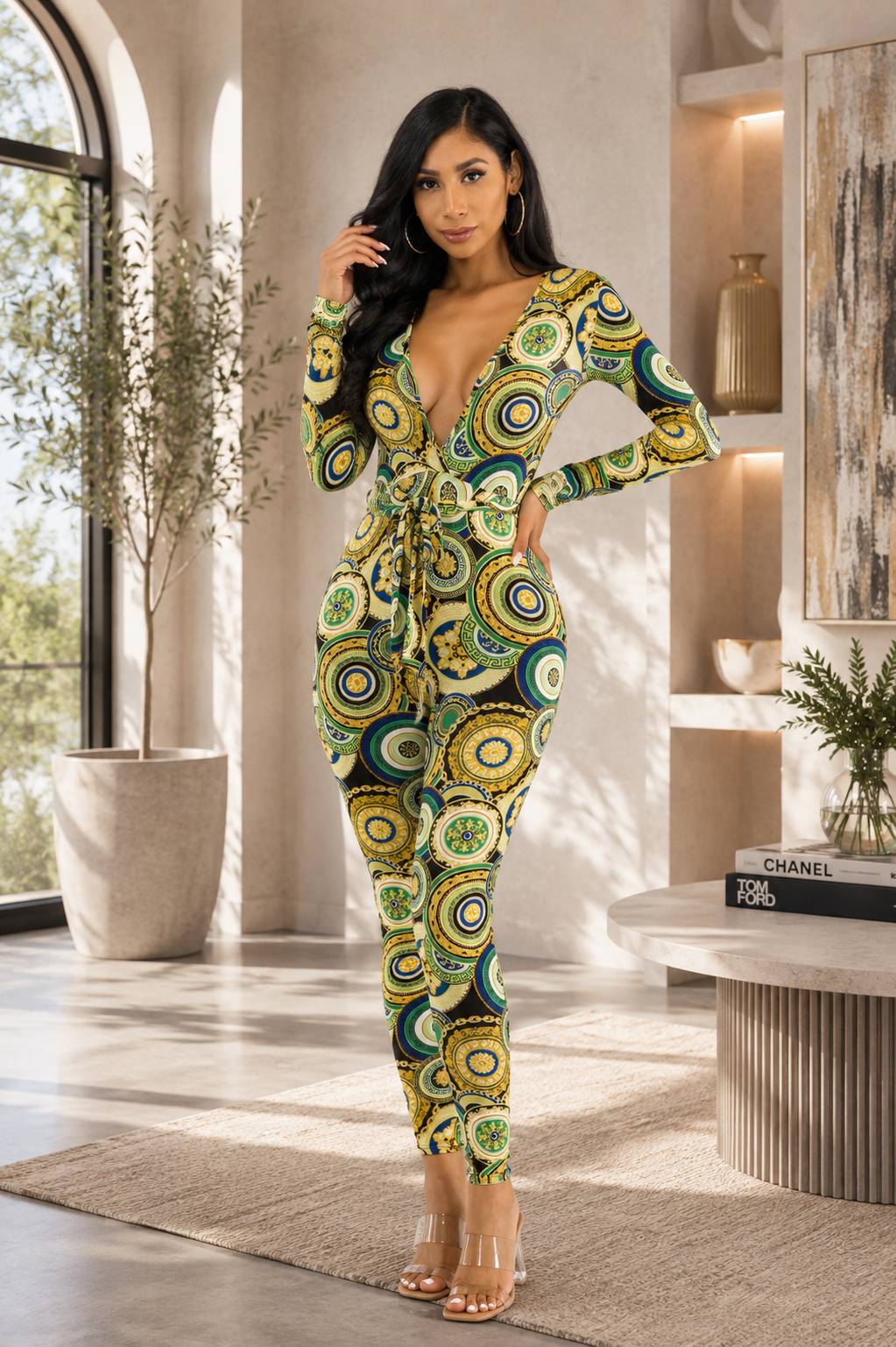 HH626R-GEO1 - Geometric Print Tie-Waist Jumpsuit