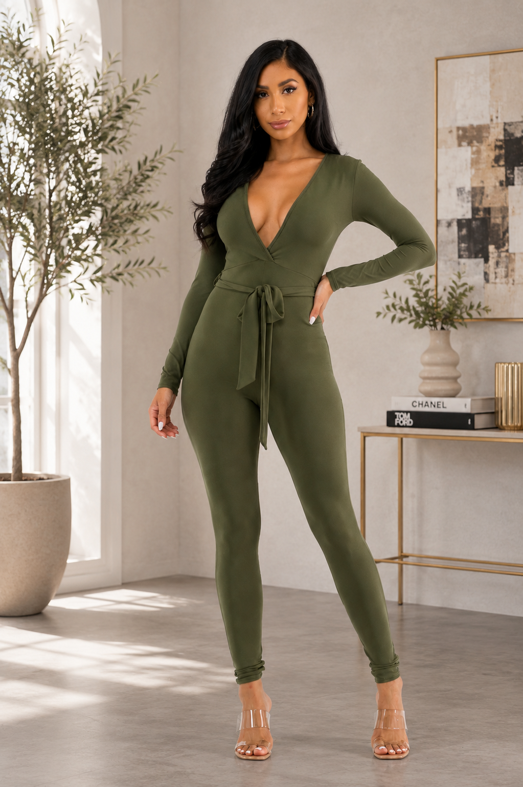 HH626R-S1 - Deep V-Neck Tie Waist Jumpsuit
