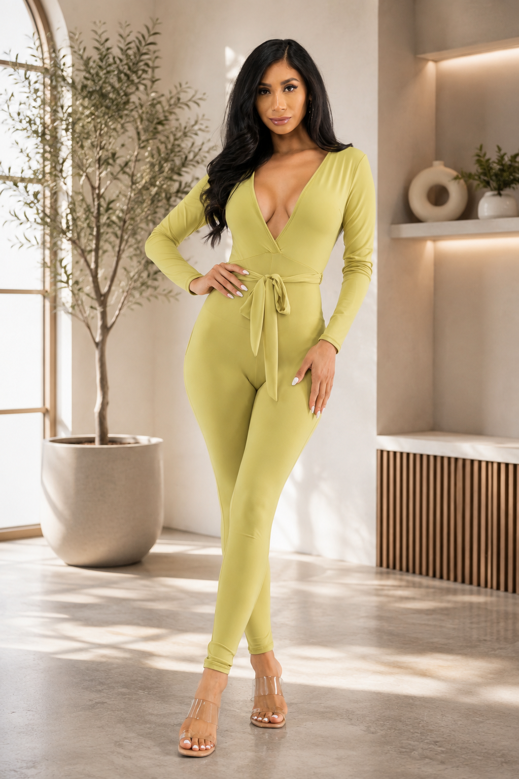 HH626R-S1 - Deep V-Neck Tie Waist Jumpsuit
