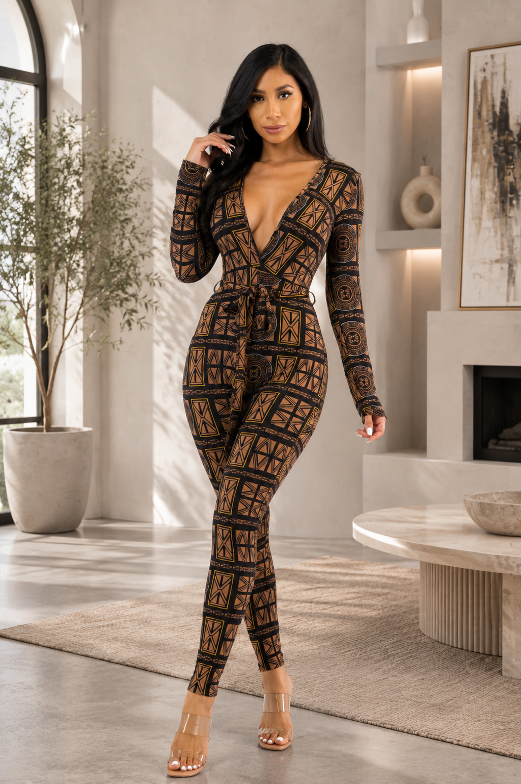 HH626X-TRIBAL-1 - Plus Size Tribal Print Deep V-Neck Tie Waist Jumpsuit