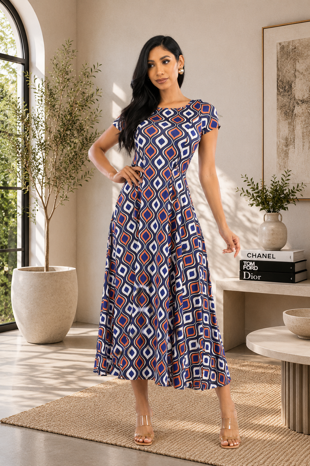 SAN144X-GEO - PLUS SIZE CAP SLEEVE MAXI DRESS