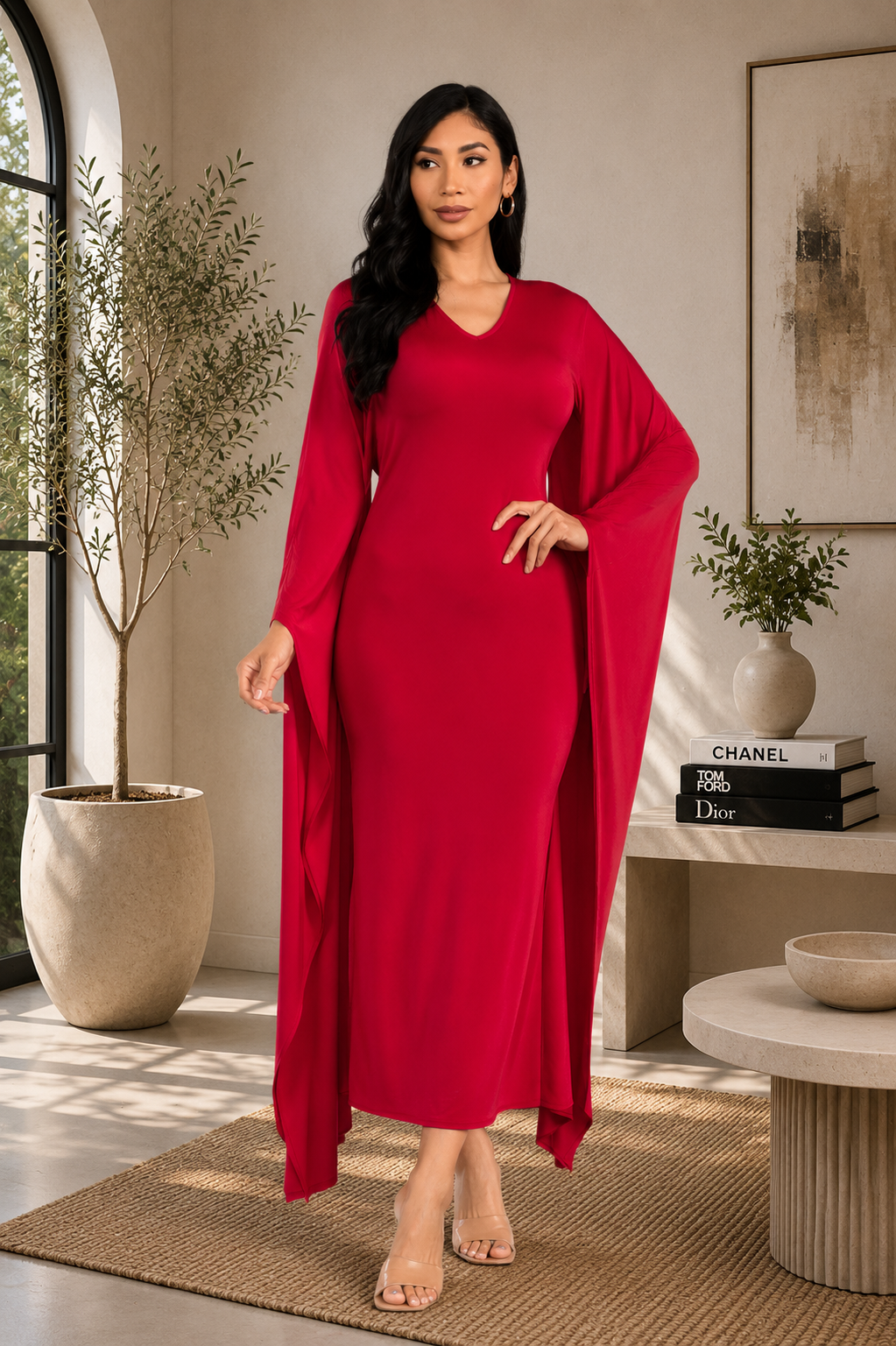 HH750R-SOLID1 - LONG SLEEVE DRAPE MAXI DRESS