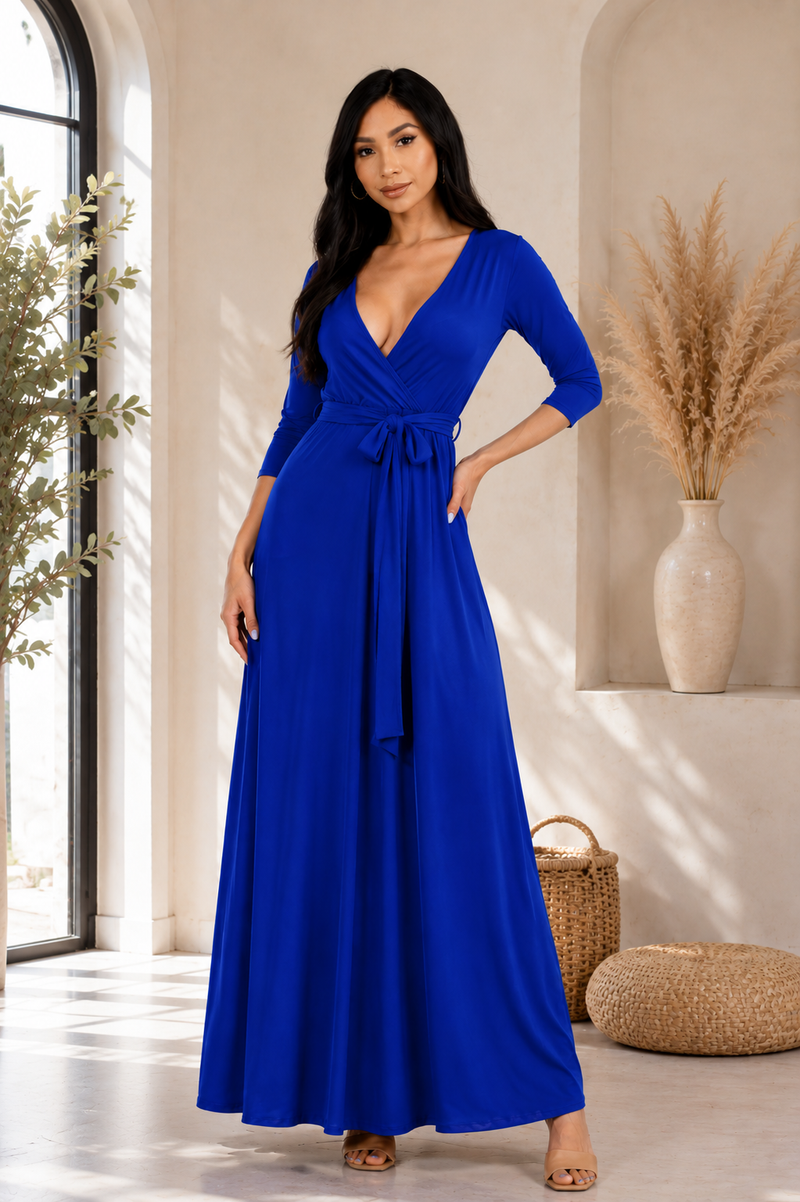 HH517R-SOLID-1 - 3/4 Sleeve Maxi Dress