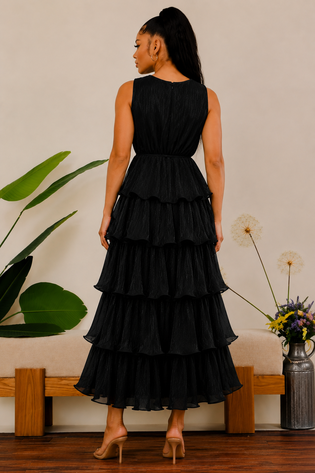 LD716S-R - Tiered Ruffle Dress