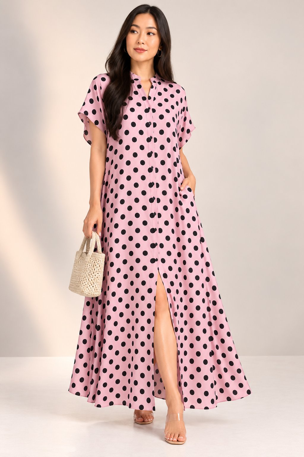 HH763R-P1 - POLKA DOT OVERSIZED BUTTON DOWN DRESS