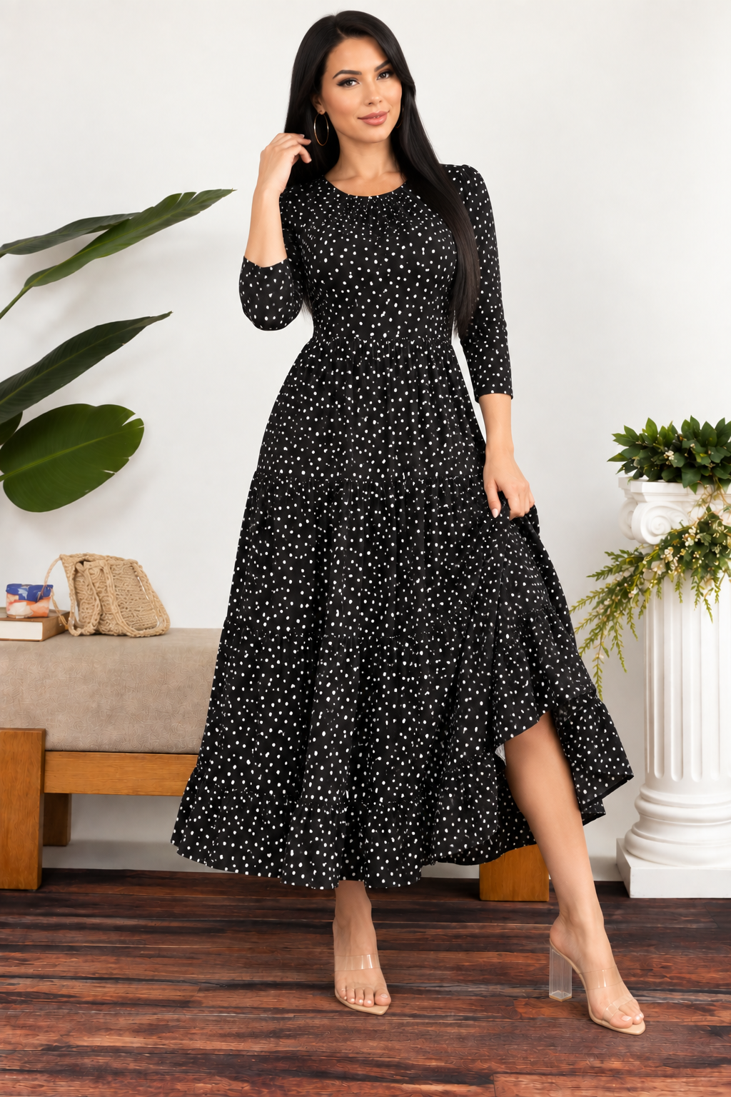 HH791P1-X - Plus Size Polka Dot Women's Tiered Midi Dress