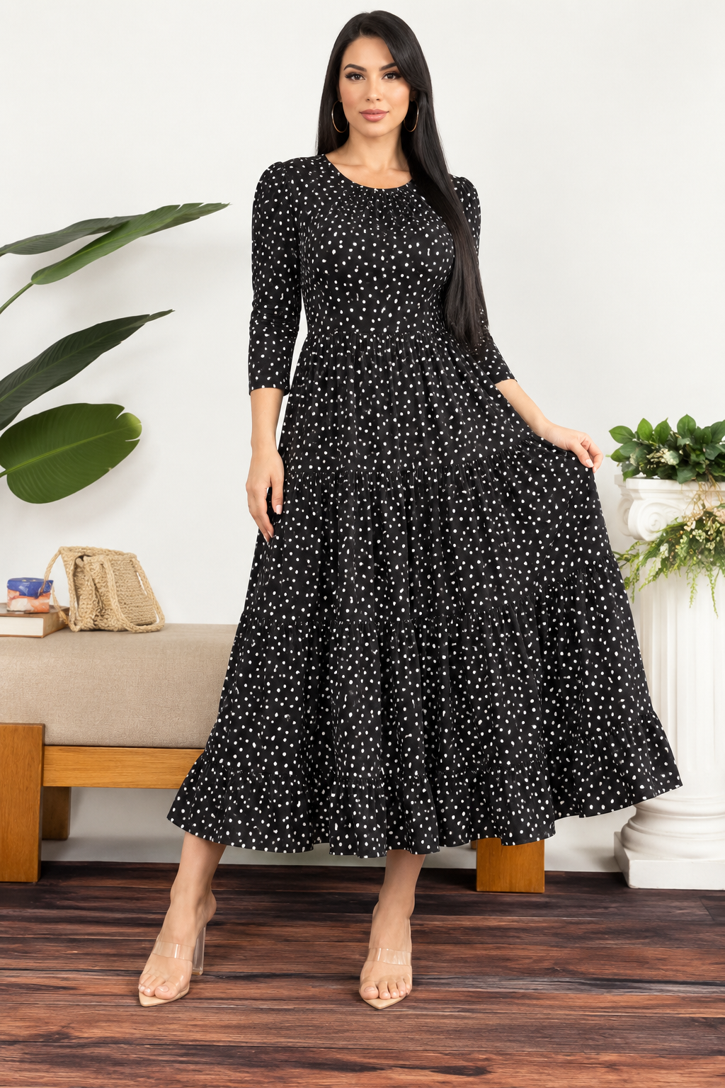 HH791P1-R - Polka Dot Women's Tiered Midi Dress