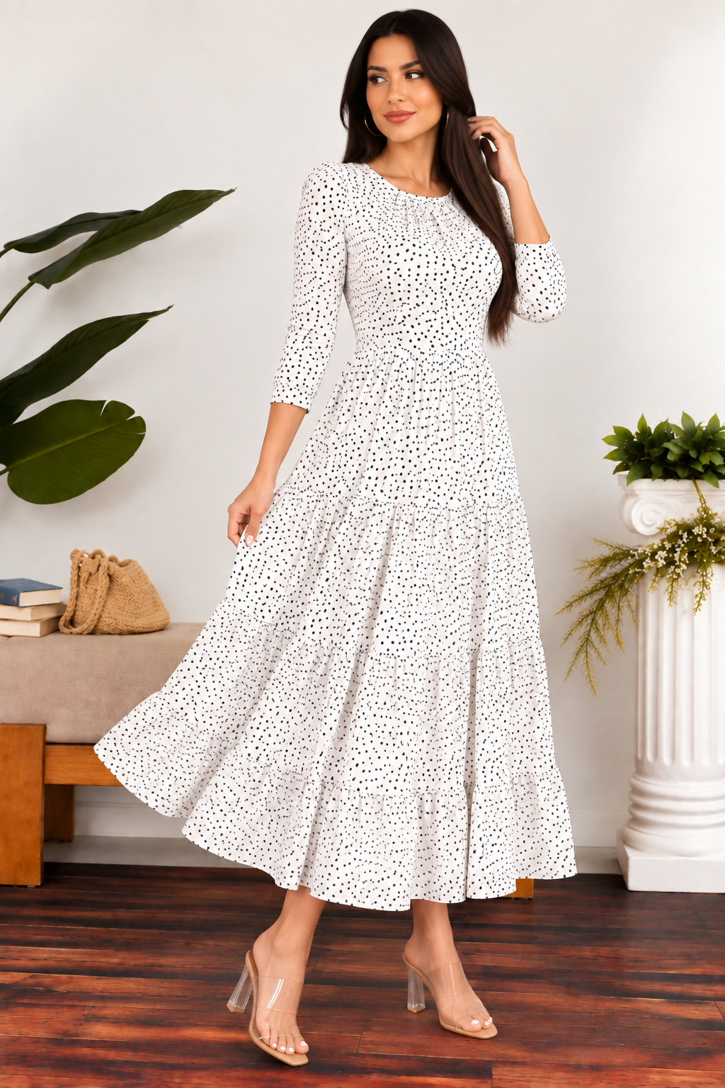 HH791P1-X - Plus Size Polka Dot Women's Tiered Midi Dress