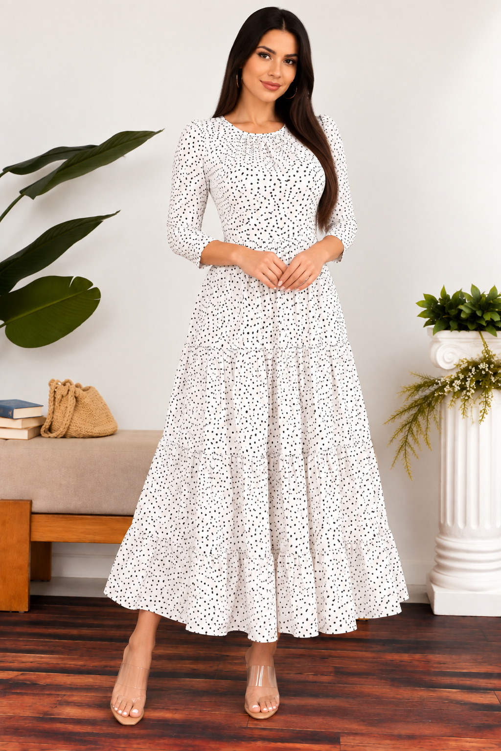 HH791P1-X - Plus Size Polka Dot Women's Tiered Midi Dress