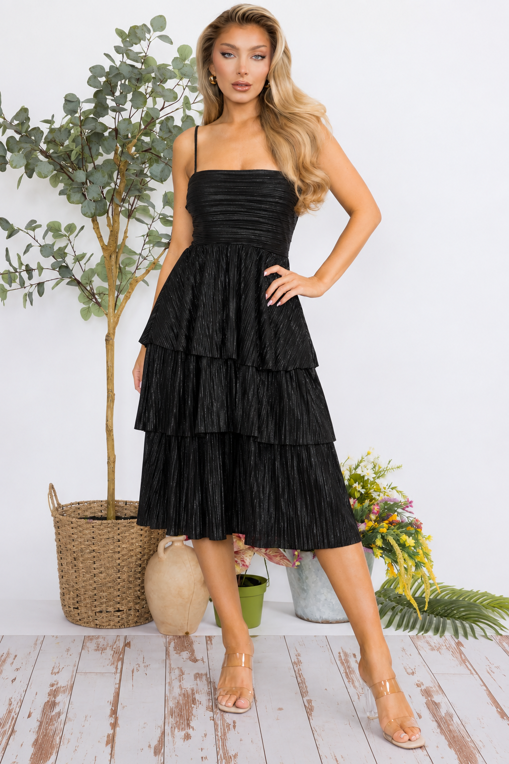 HH769R1 - Metallic Tiered Midi Dress