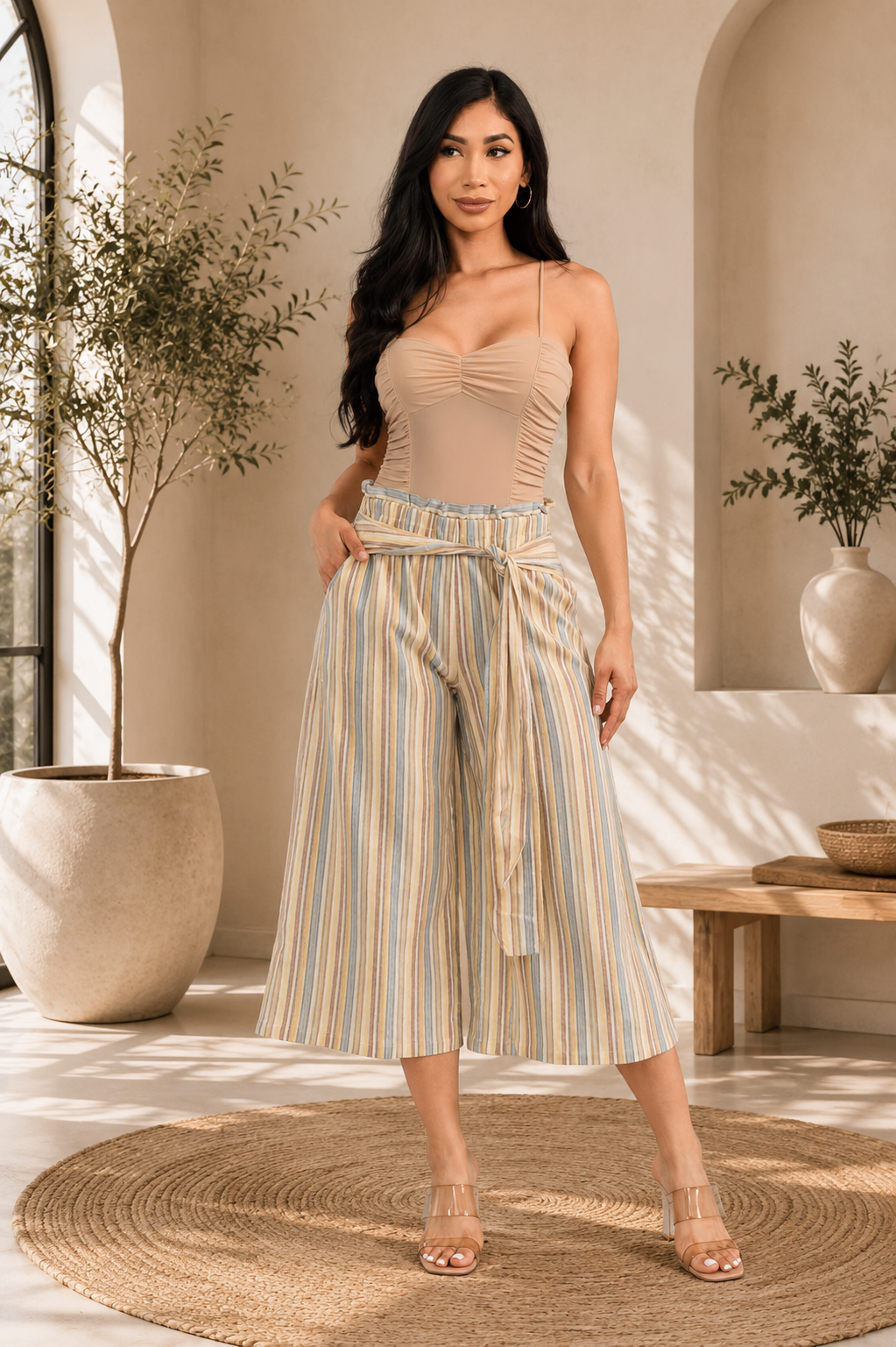 MHK001-1 - STRIPE WAIST TIE WIDE PANTS