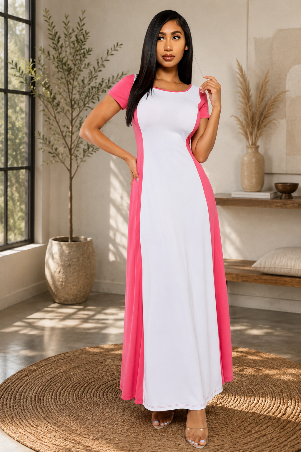 SAN144R-AST-1 - SHORT SLEEVE MAXI DRESS