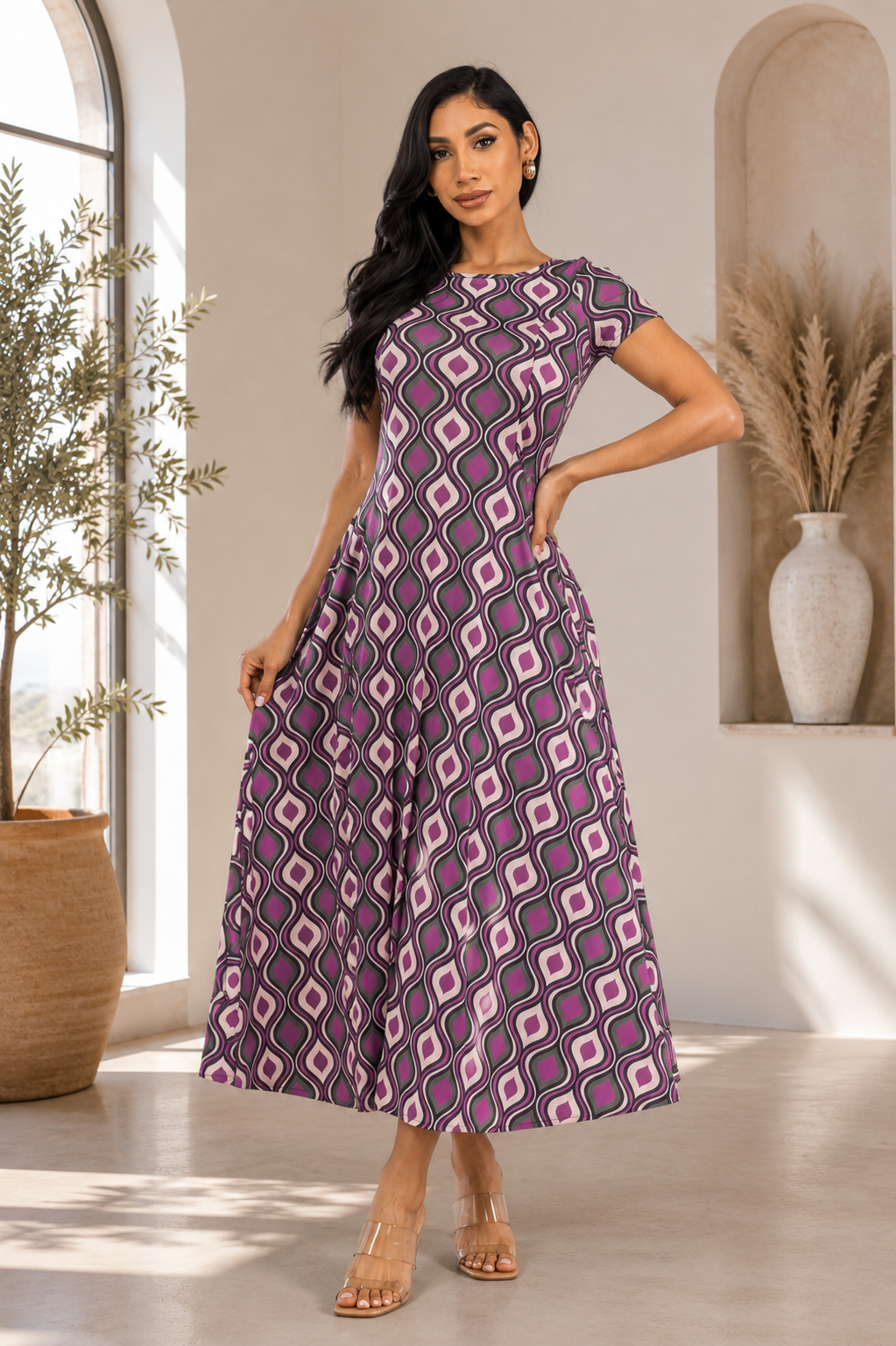 SAN144X-GEO - PLUS SIZE CAP SLEEVE MAXI DRESS
