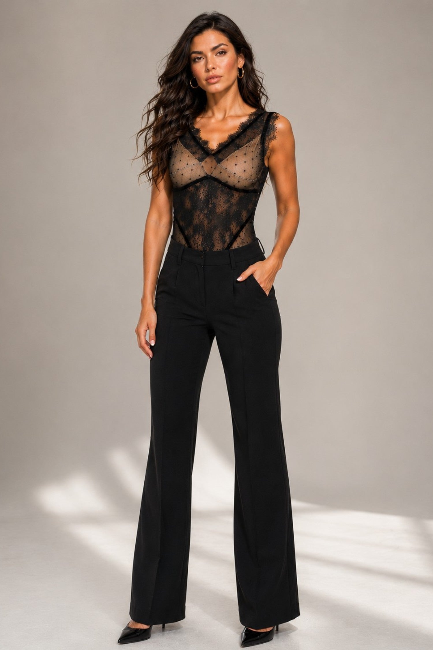 138942 - Sheer Lace Contrast Bodysuit