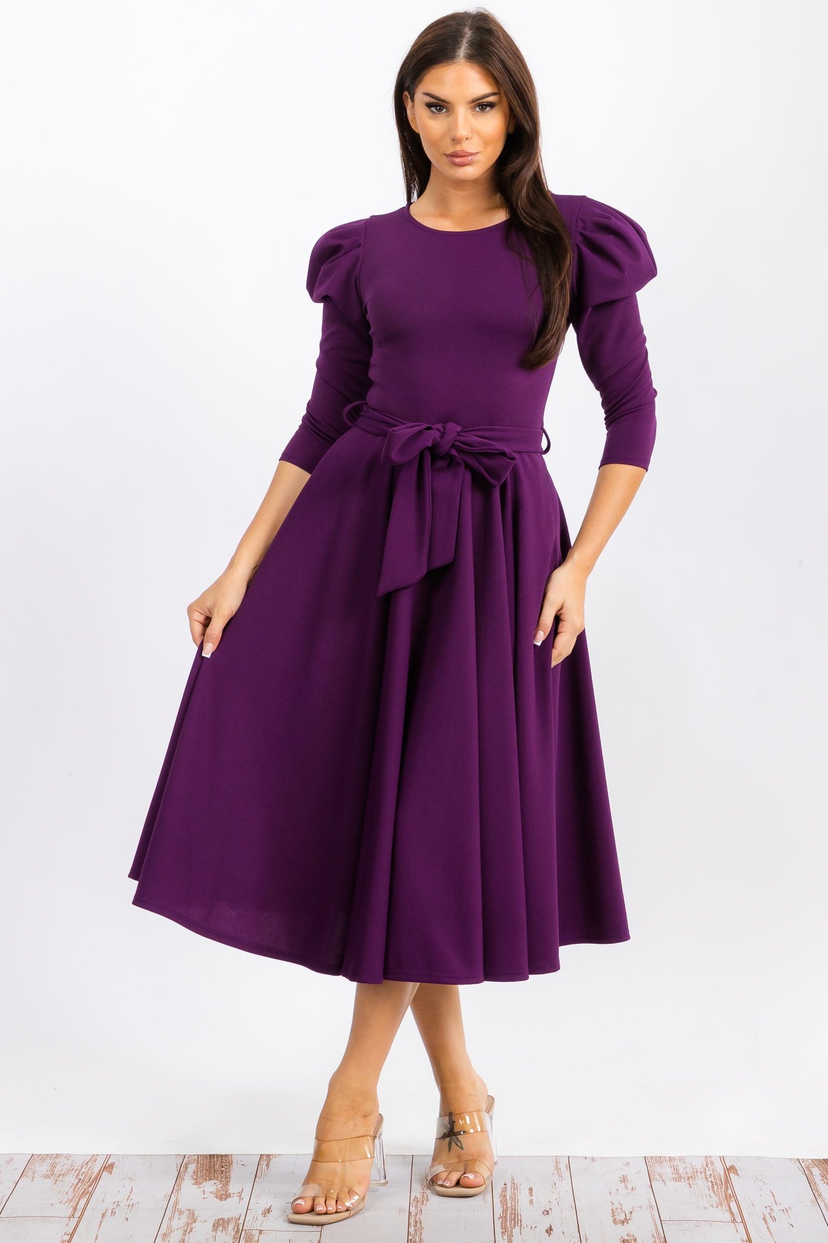 HH698CR-S Quarter Sleeve Midi Dress with Bow Tie