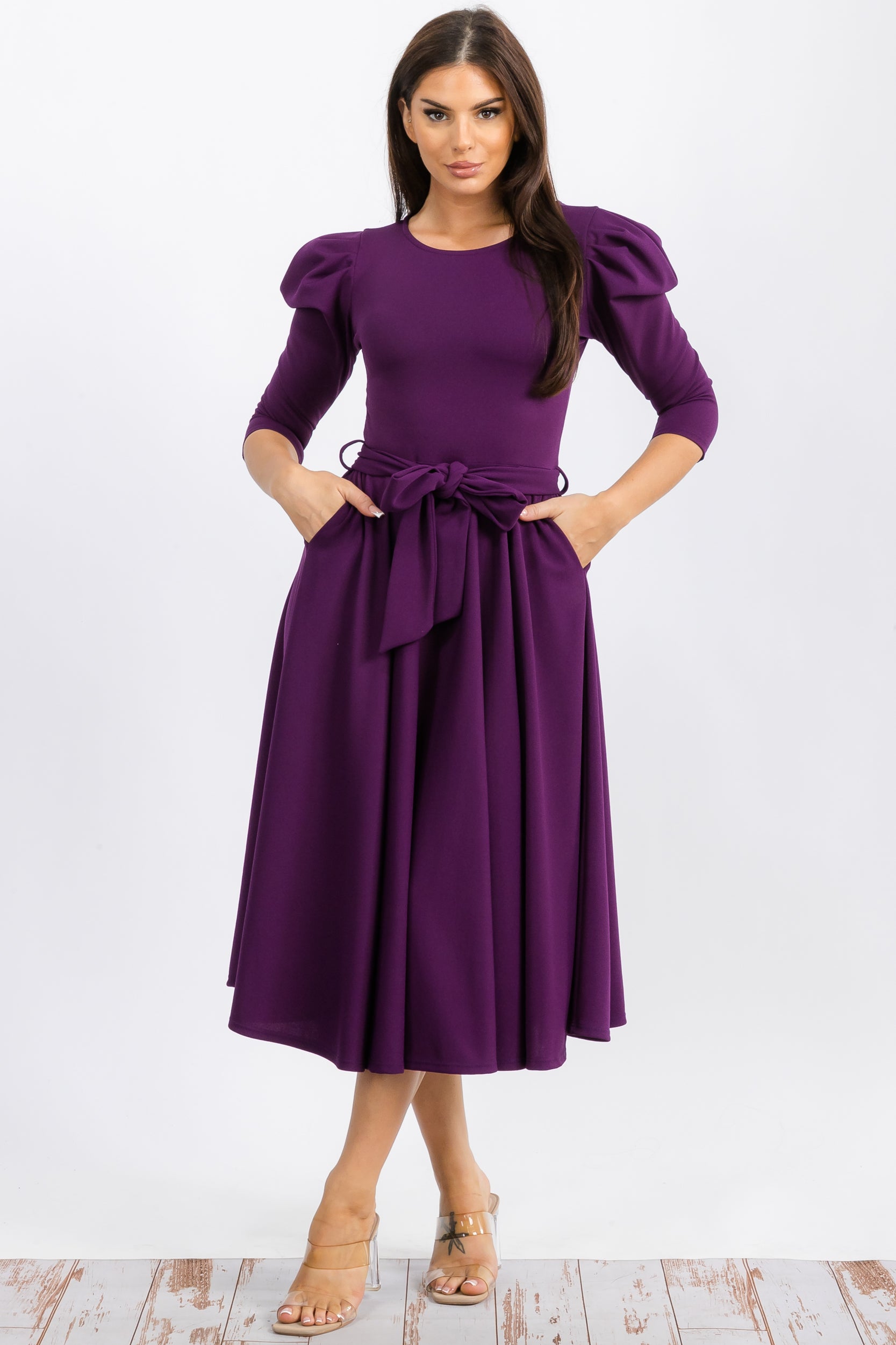 HH698CR-S Quarter Sleeve Midi Dress with Bow Tie