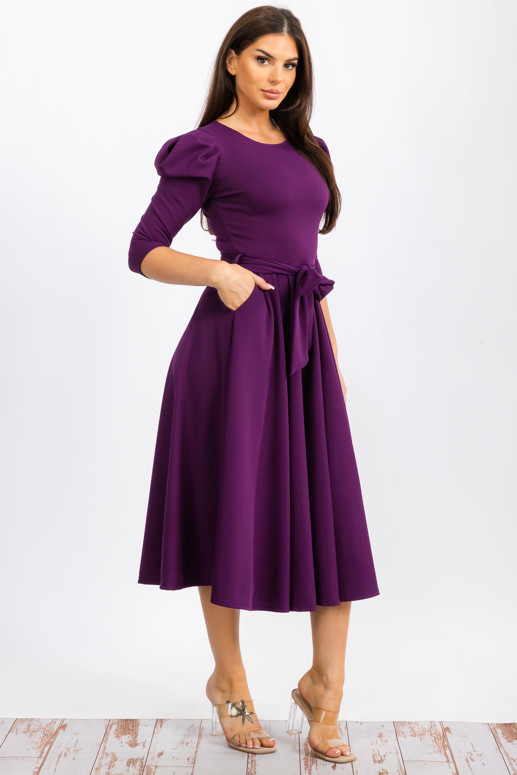 HH698CR-S Quarter Sleeve Midi Dress with Bow Tie