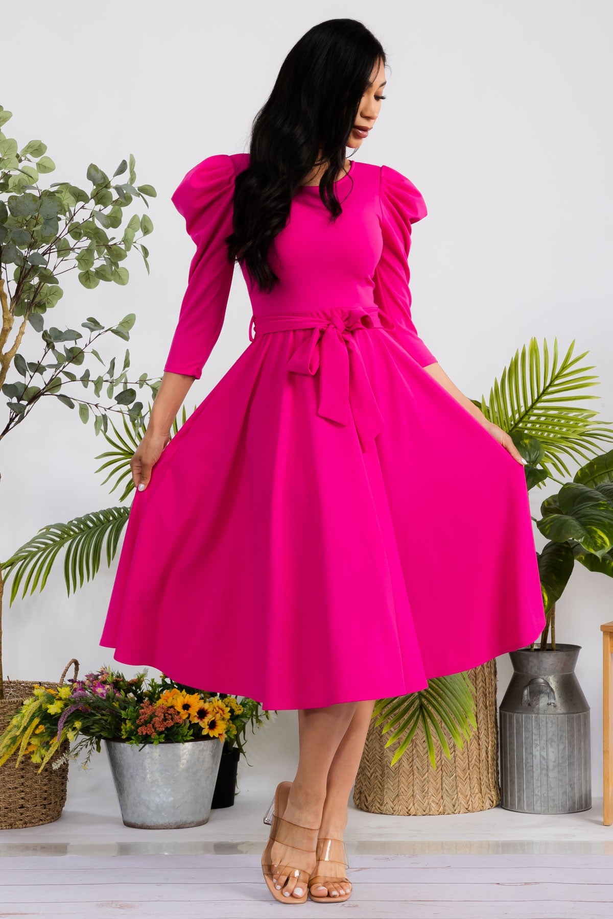 HH698CR-S Quarter Sleeve Midi Dress with Bow Tie