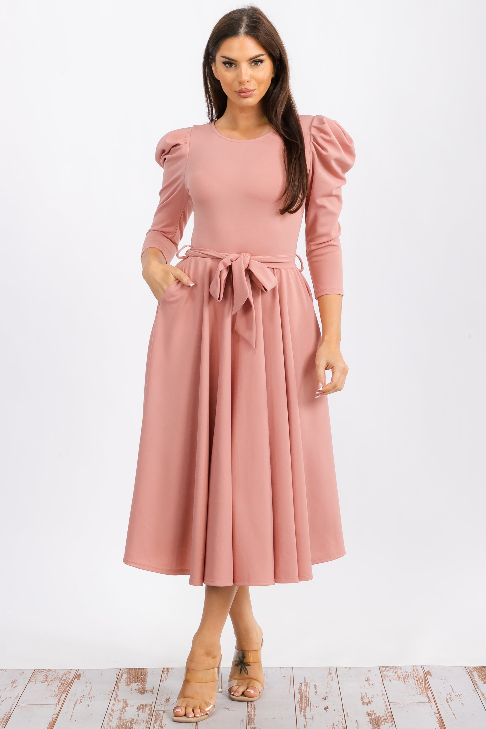 HH698CR-S Quarter Sleeve Midi Dress with Bow Tie