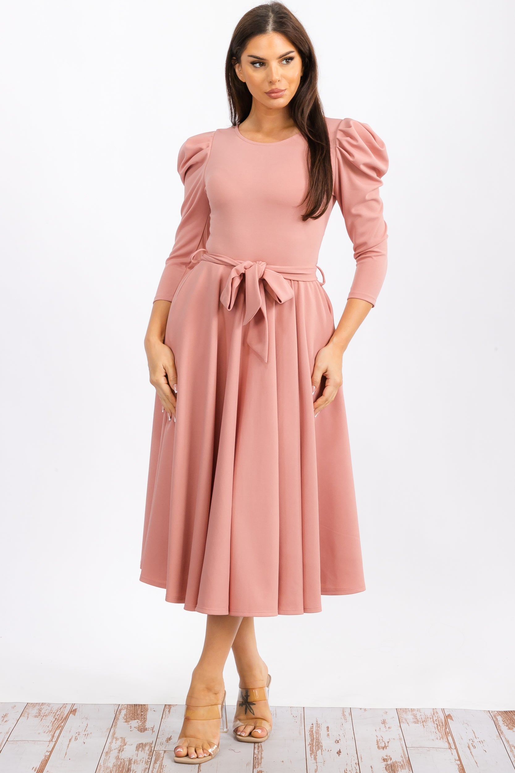 HH698CR-S Quarter Sleeve Midi Dress with Bow Tie