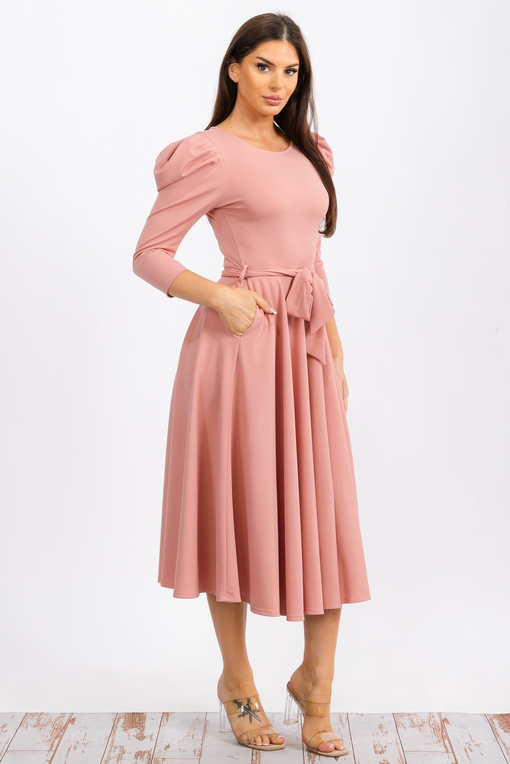 HH698CR-S Quarter Sleeve Midi Dress with Bow Tie