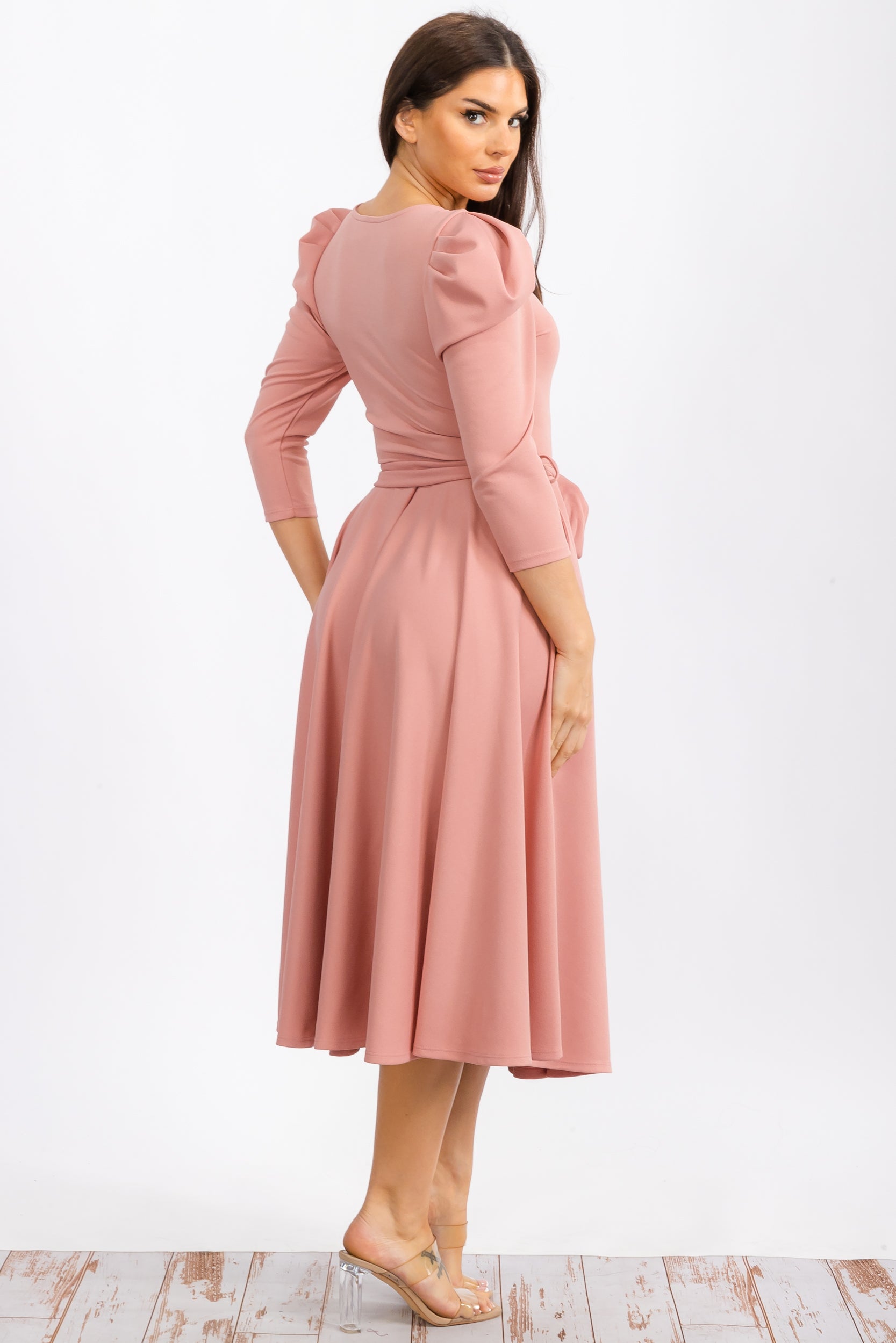 HH698CR-S Quarter Sleeve Midi Dress with Bow Tie