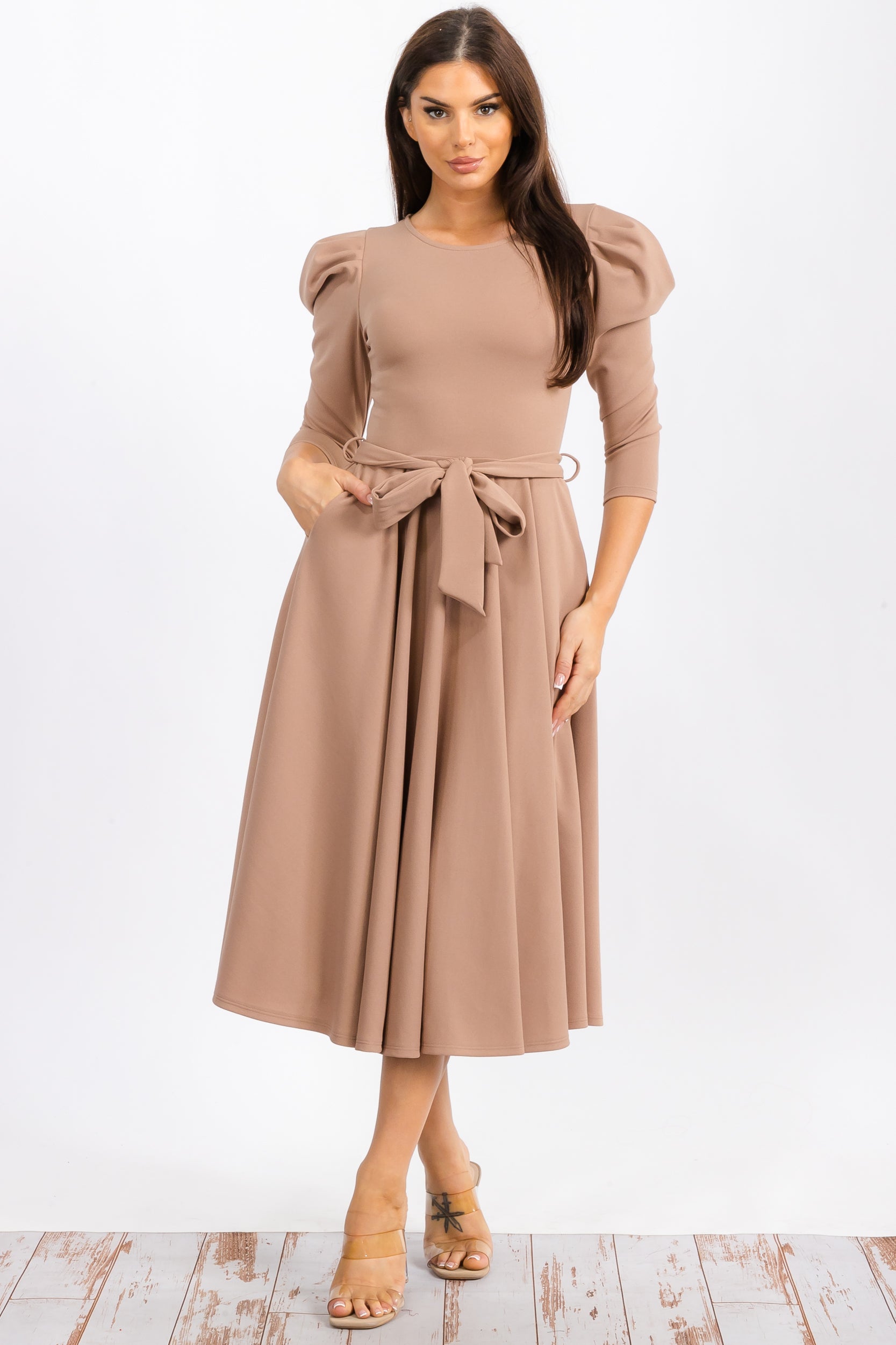 HH698CX-S Quarter Sleeve Midi Dress with Bow Tie