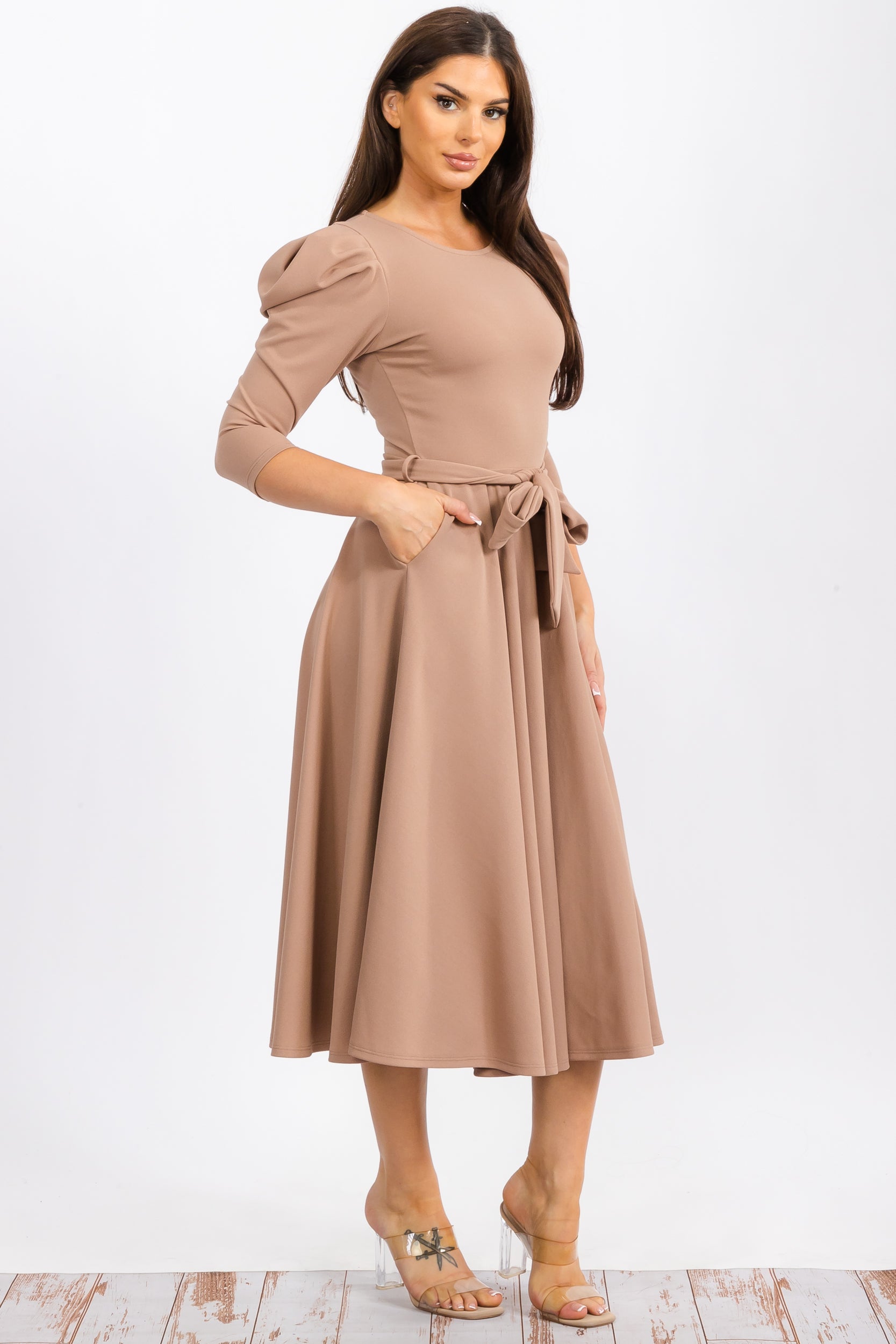 HH698CR-S Quarter Sleeve Midi Dress with Bow Tie