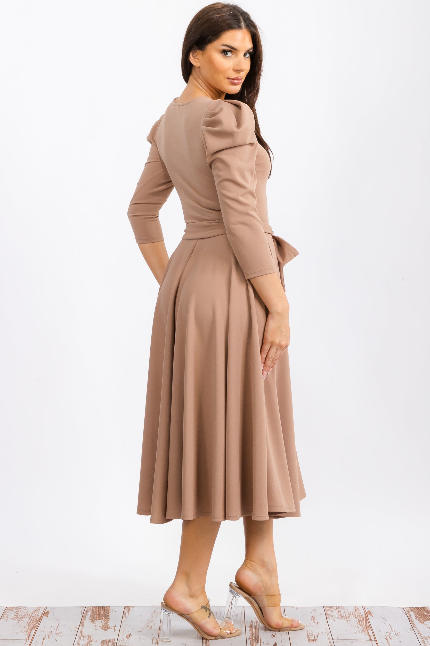 HH698CR-S Quarter Sleeve Midi Dress with Bow Tie