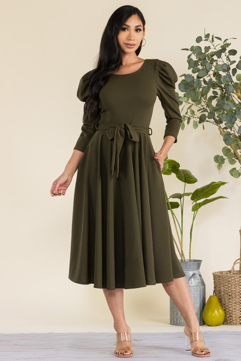 HH698CR-S Quarter Sleeve Midi Dress with Bow Tie