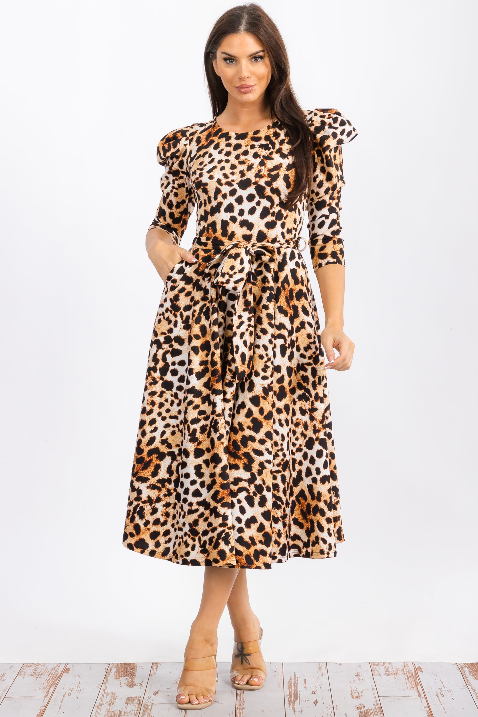 HH698RC-P Leopard Print Midi Dress With Bowtie