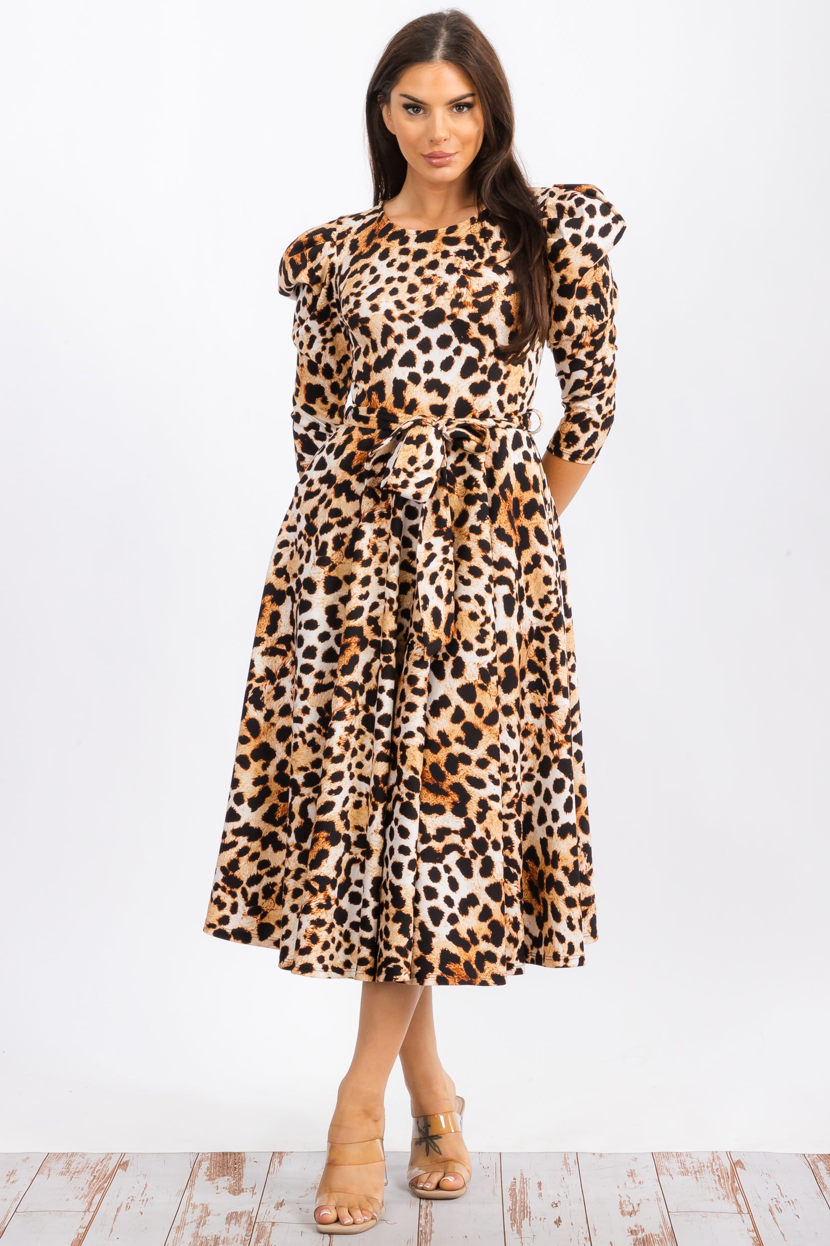 HH698RC-P Leopard Print Midi Dress With Bowtie