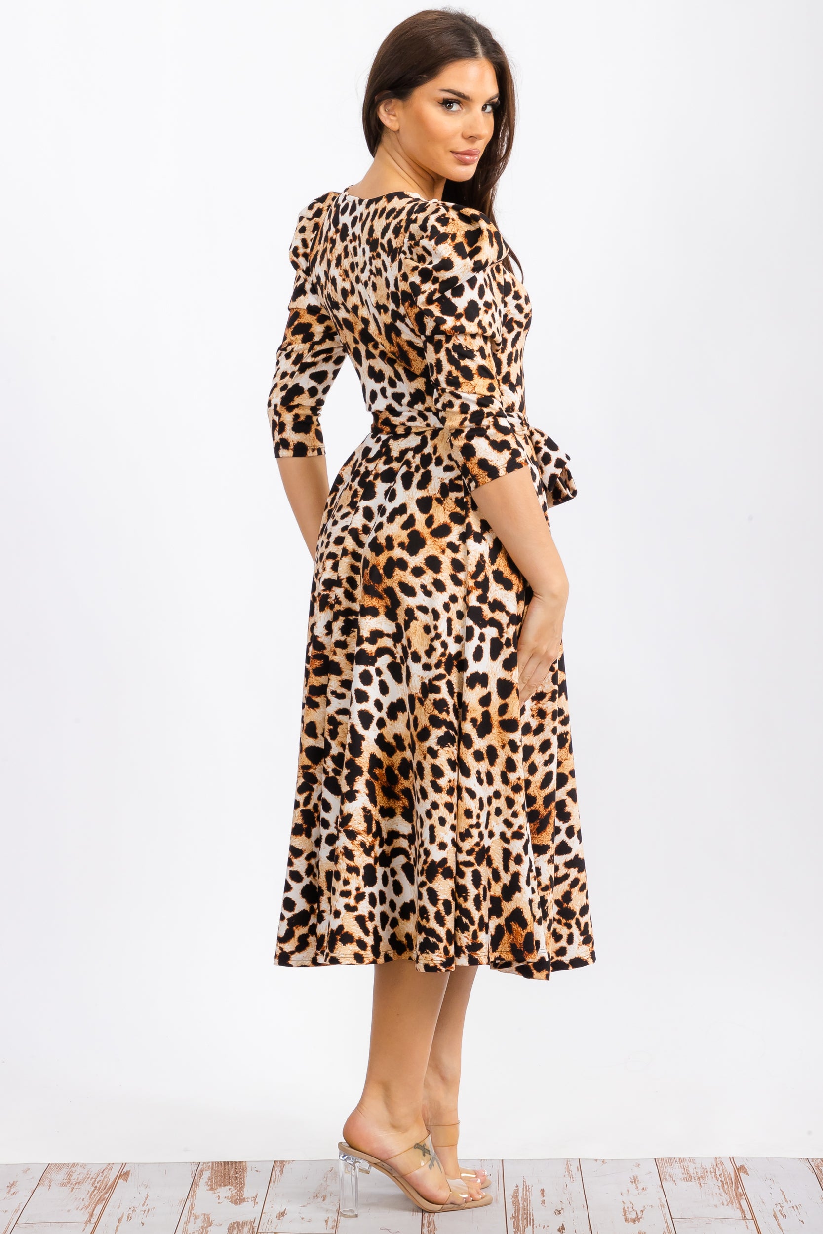 HH698RC-P Leopard Print Midi Dress With Bowtie