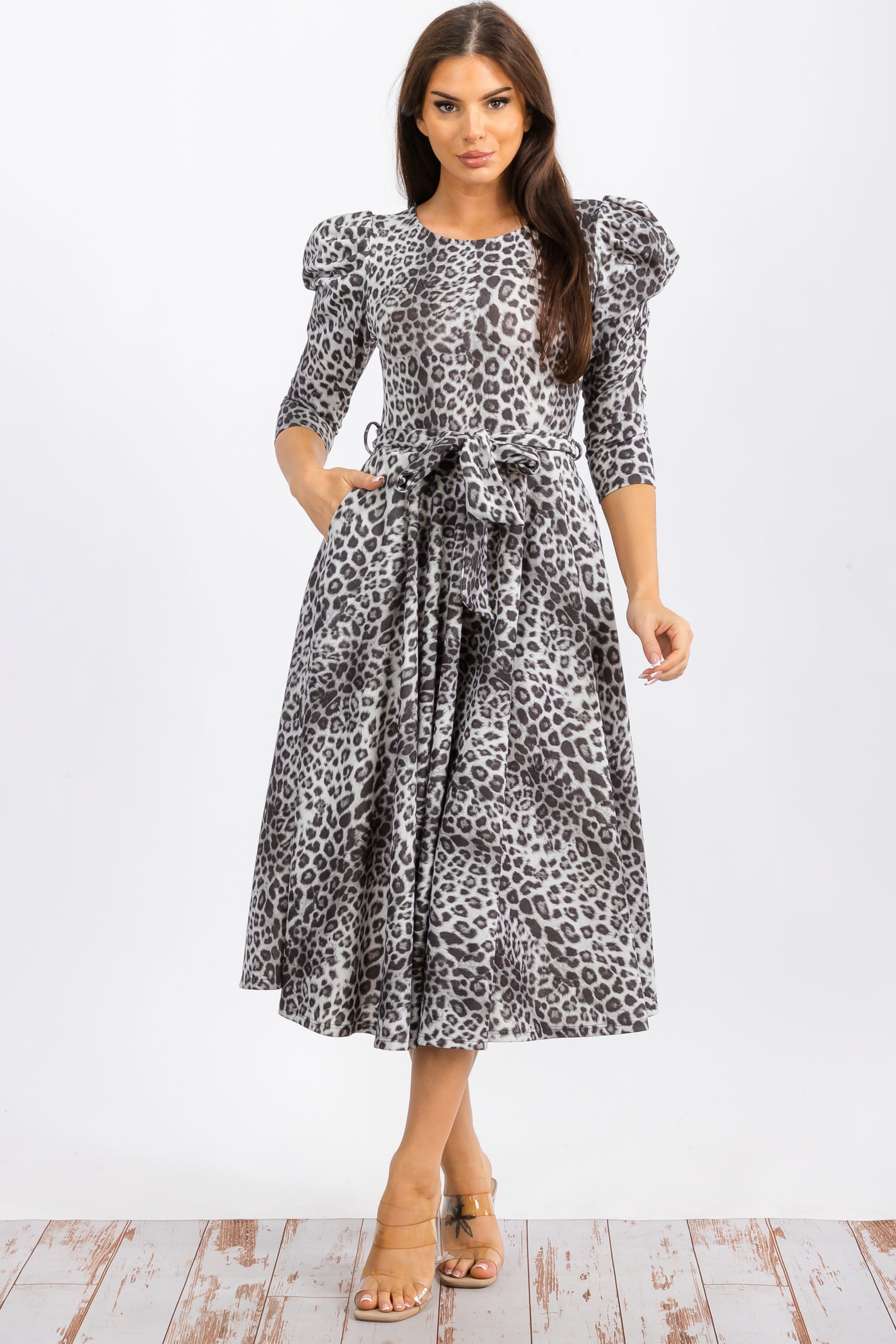 HH698XC-P Plus Leopard Print Midi Dress With Bowtie