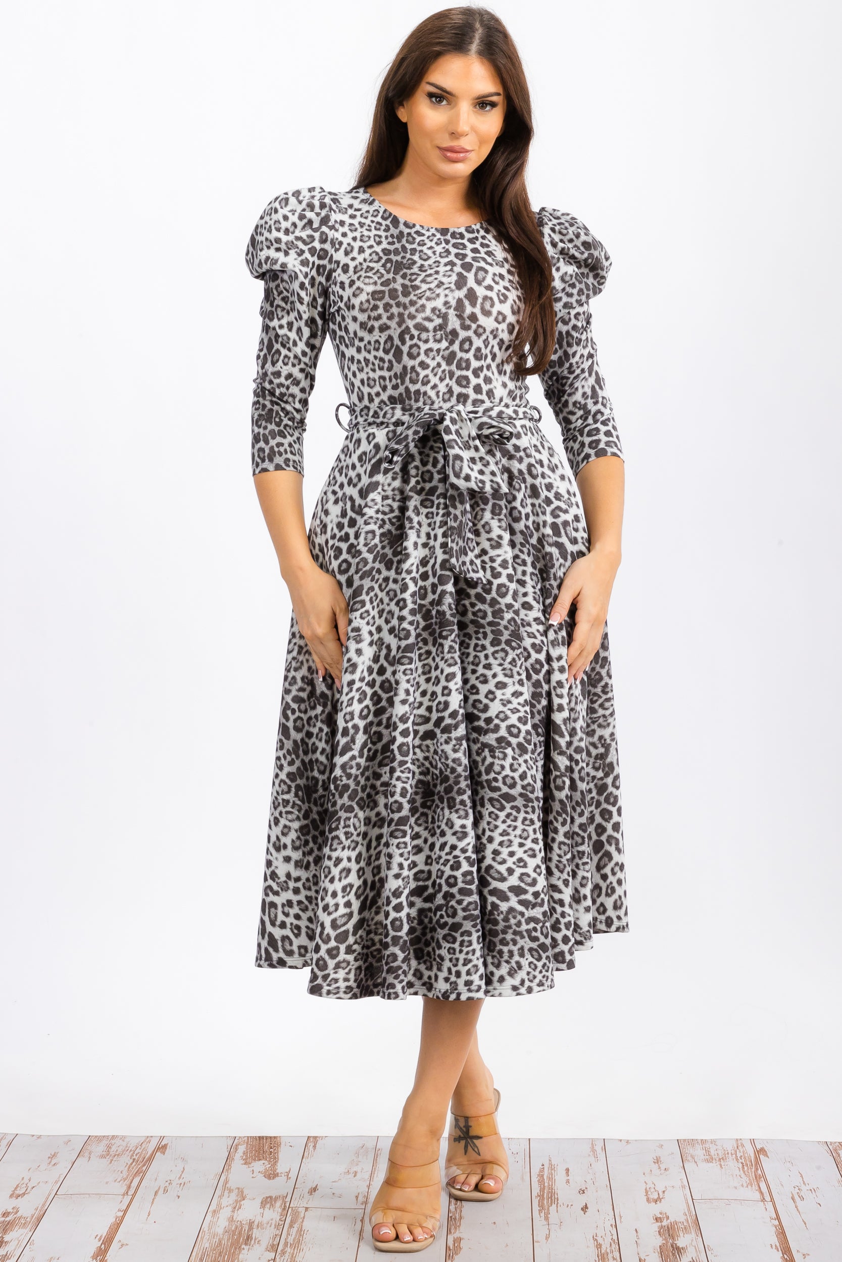 HH698XC-P Plus Leopard Print Midi Dress With Bowtie